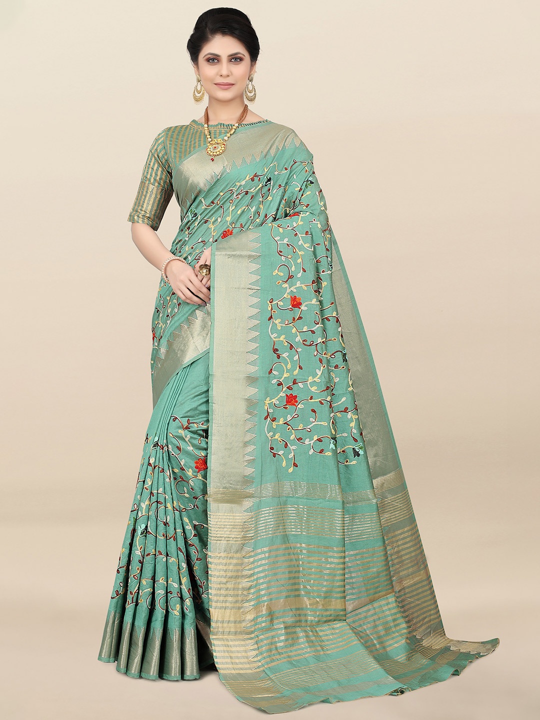 

SERONA FABRICS Floral Embroidered Silk Cotton Mysore Silk Saree, Turquoise blue