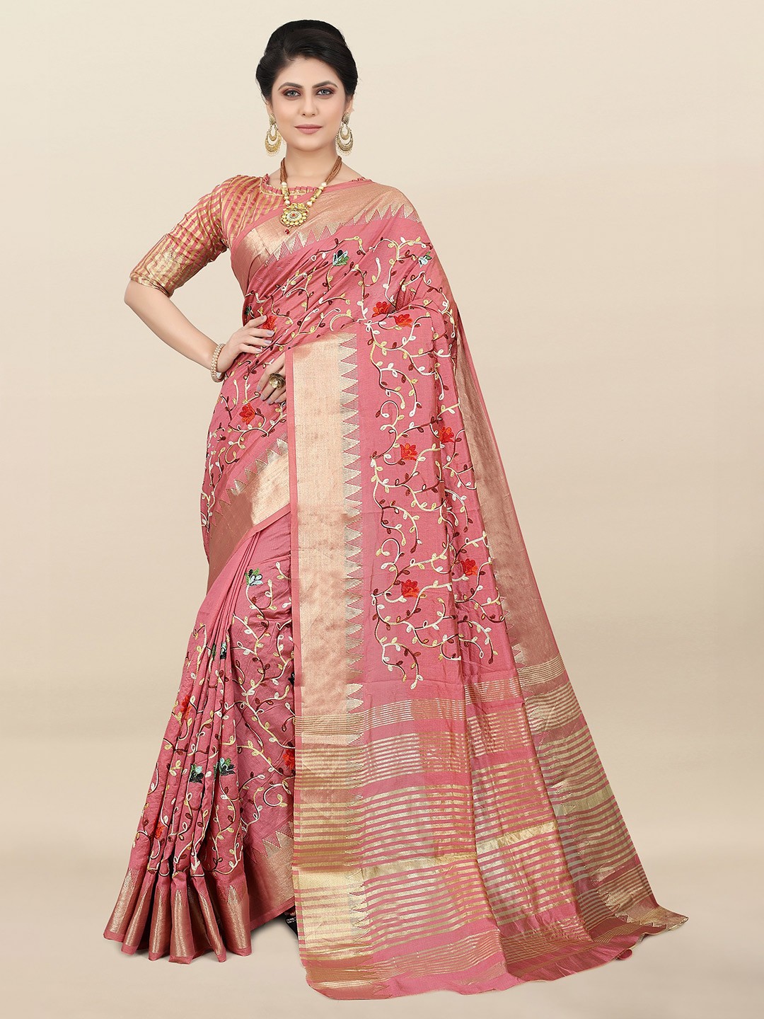 

SERONA FABRICS Floral Embroidered Silk Cotton Mysore Silk Saree, Pink
