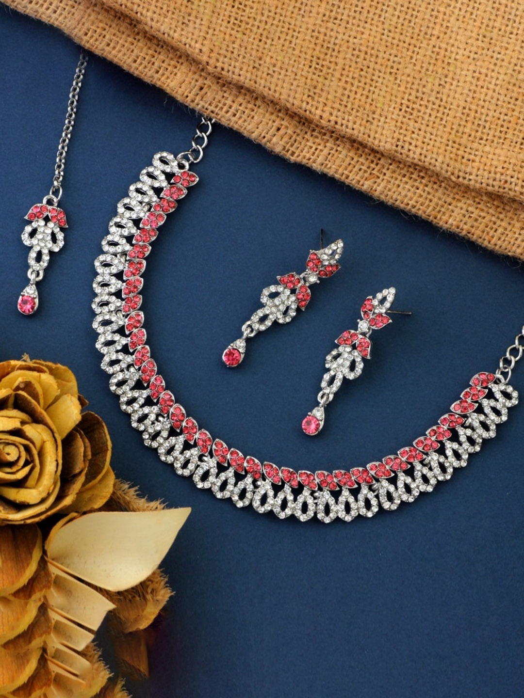 

Atasi International Flower Design Silver-Plated Crystal-Studded Jewellery Set