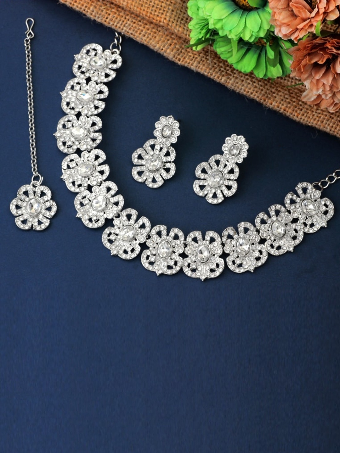 

Atasi International Silver-Plated & Crystal Studded Jewellery Set
