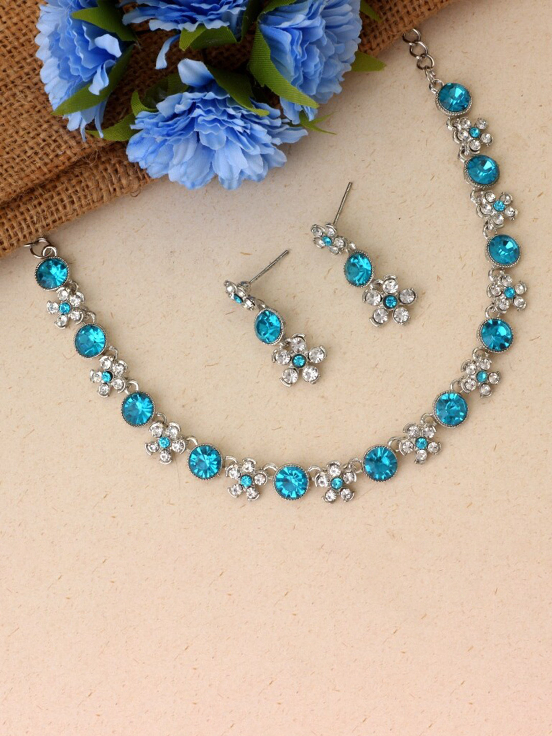 

Atasi International Silver-Plated & Crystal Stone Flower Shaped Jewellery Set