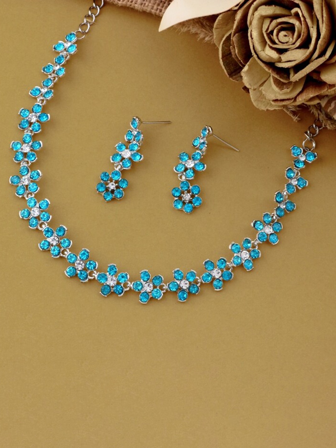 

Atasi International Modish Flower Design Crystal Stone-Studded Necklace Set, Silver