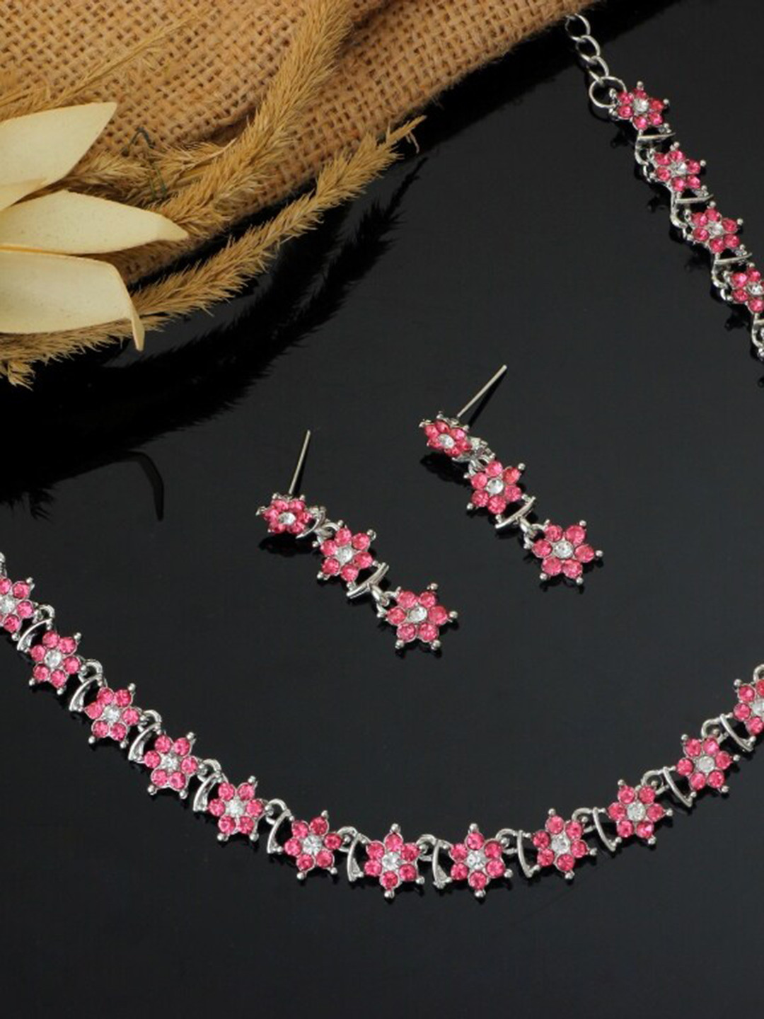 

\Atasi International Silver-Plated Stone-Studded Choker Jewellery Set, Pink