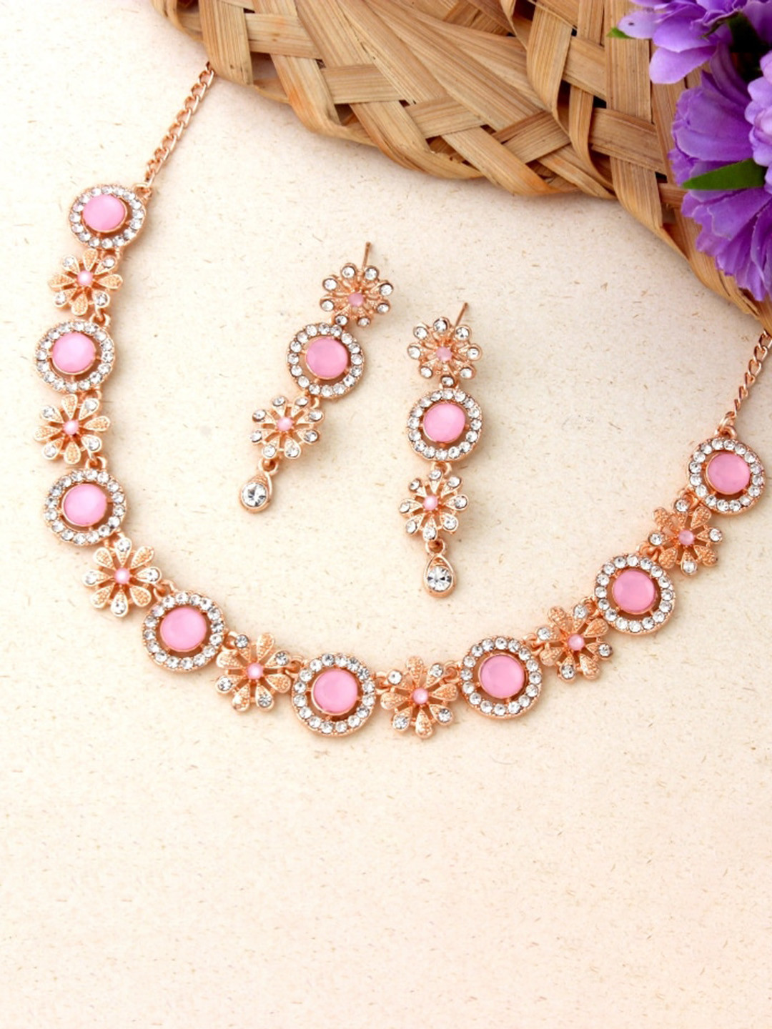 

Atasi International Rose Gold-Plated Artificial Stone Studded Choker Jewellery Set, Pink