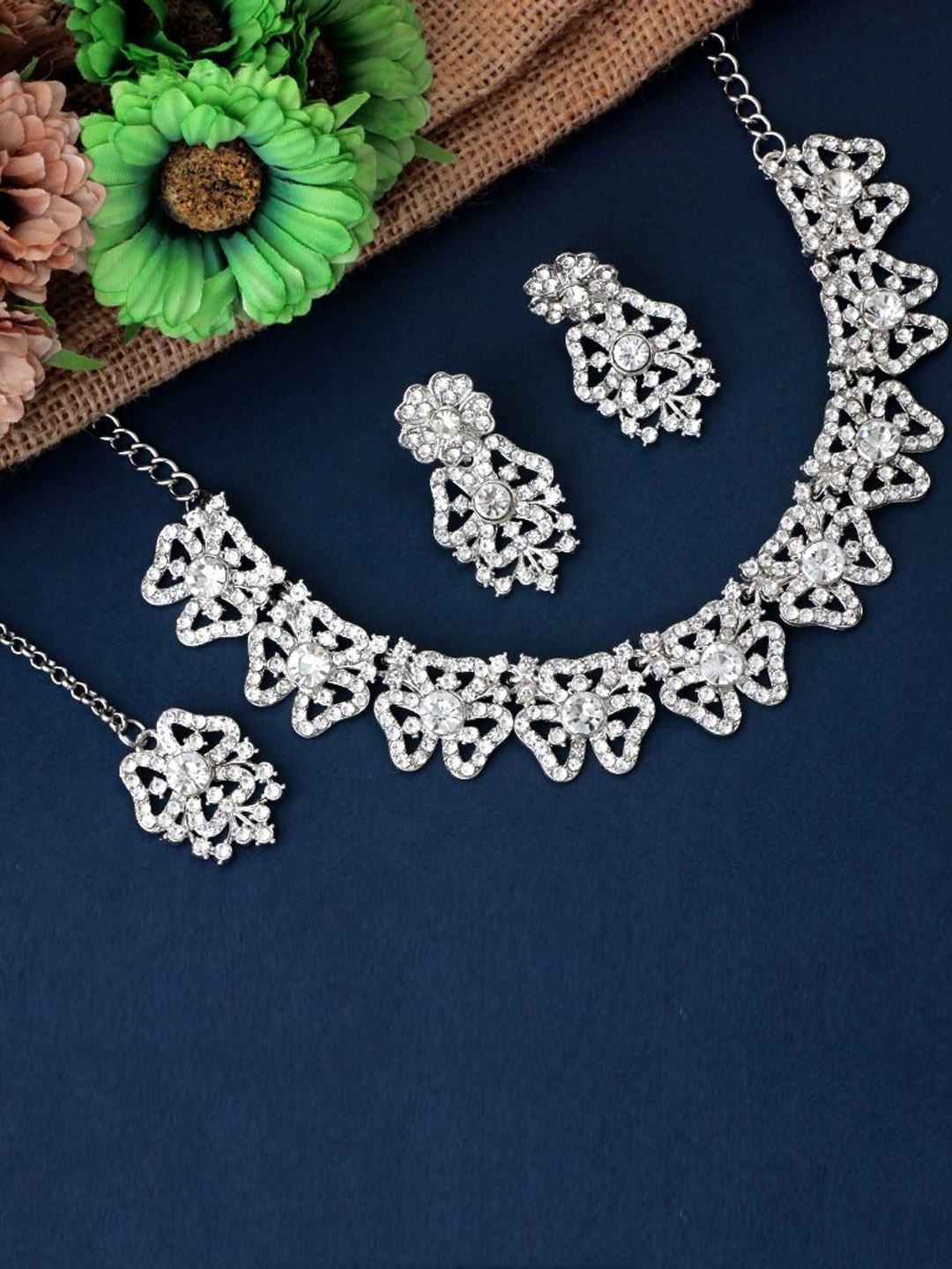 

Atasi International Silver-Plated Crystal Stone-Studded Choker Jewellery Set
