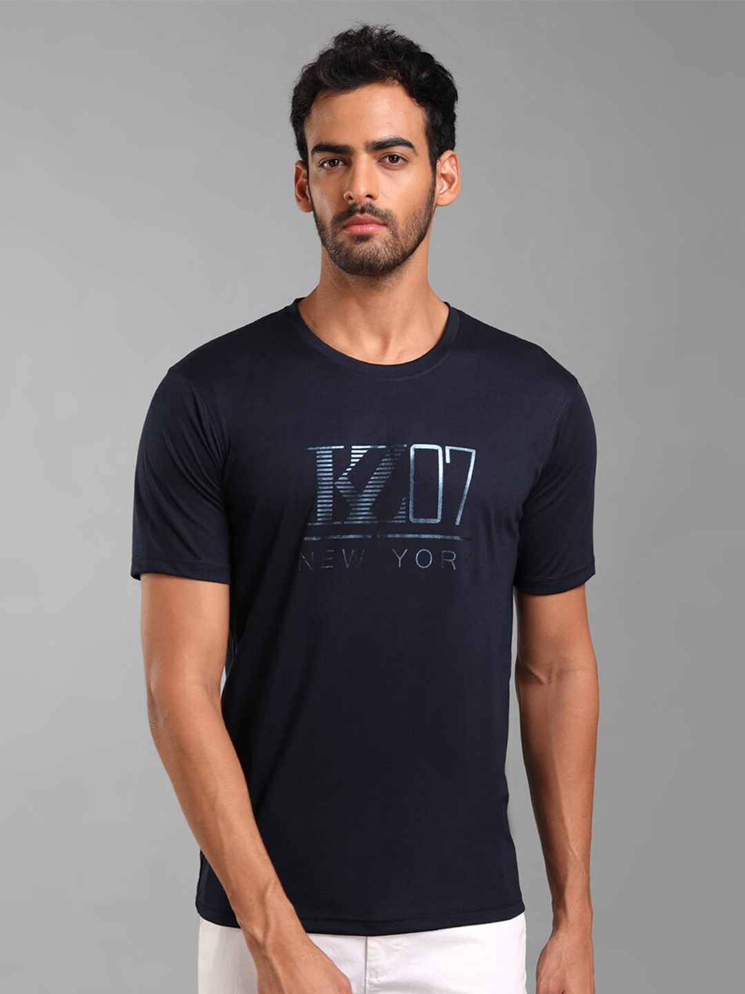

KZ07 By Kazo Men Typography Printed Cotton T-shirt, Navy blue