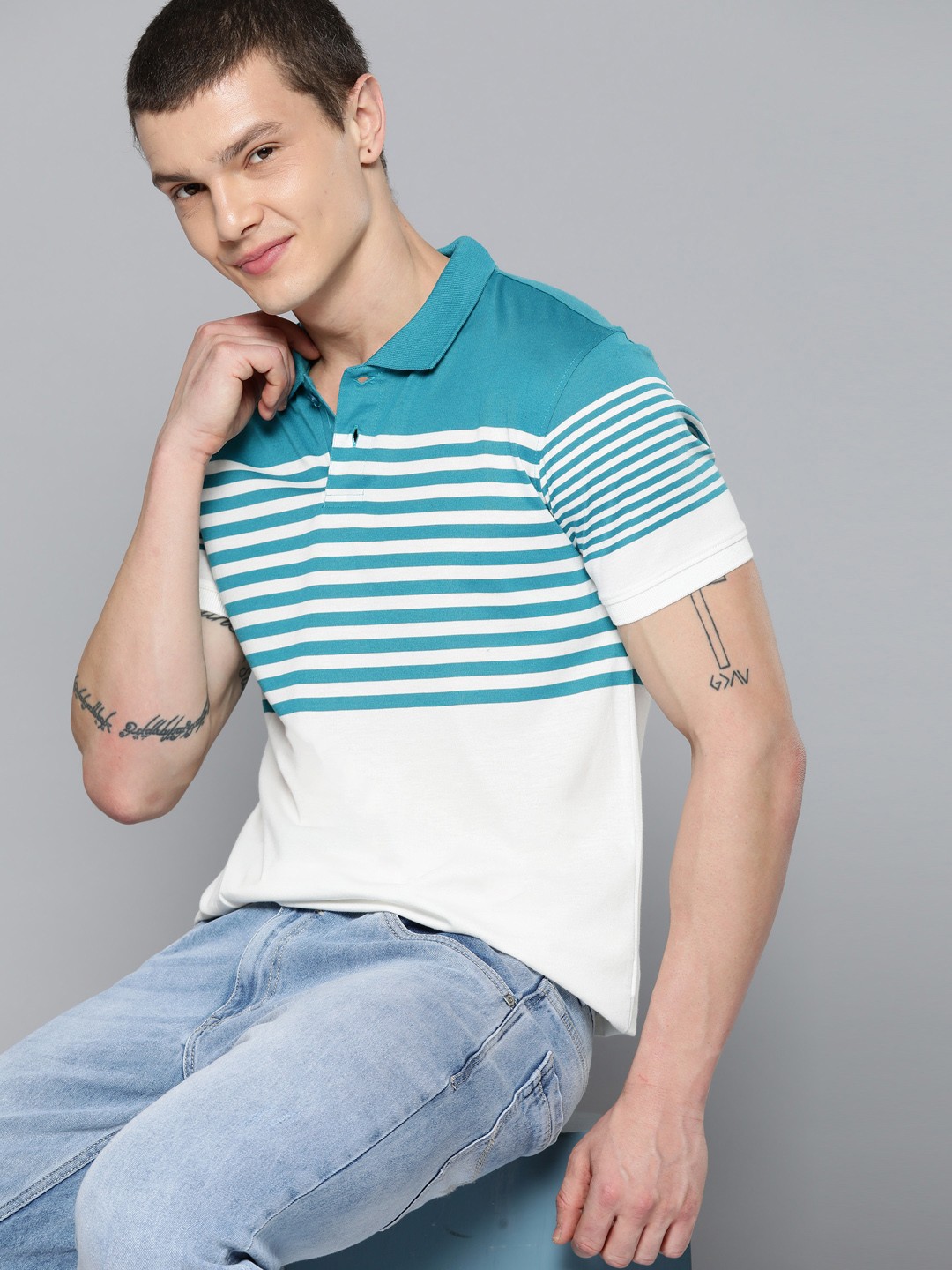 

Mast & Harbour Striped Polo Collar T-shirt, White