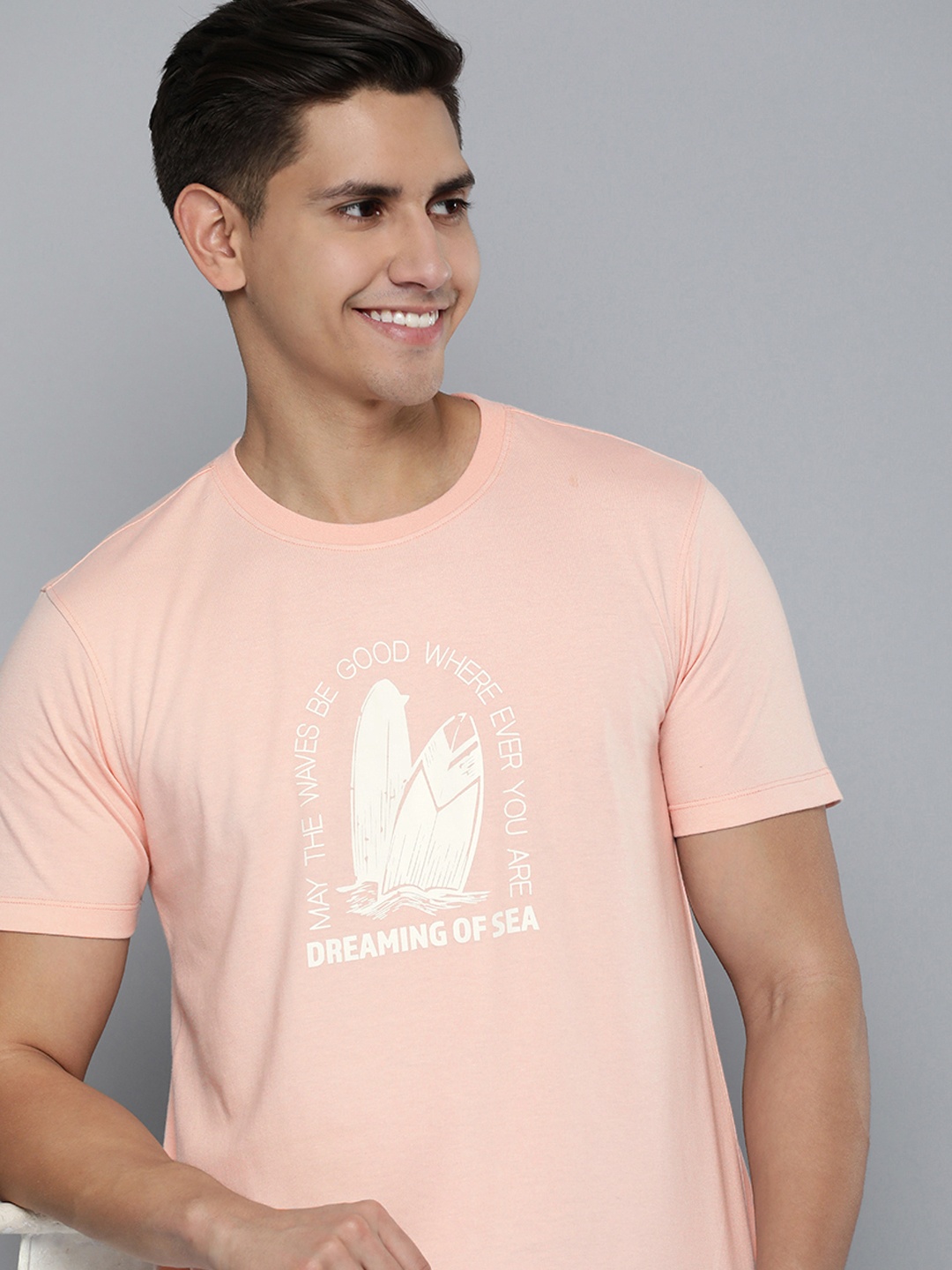 

Mast & Harbour Men Nautical Printed Round Neck T-shirt, Peach