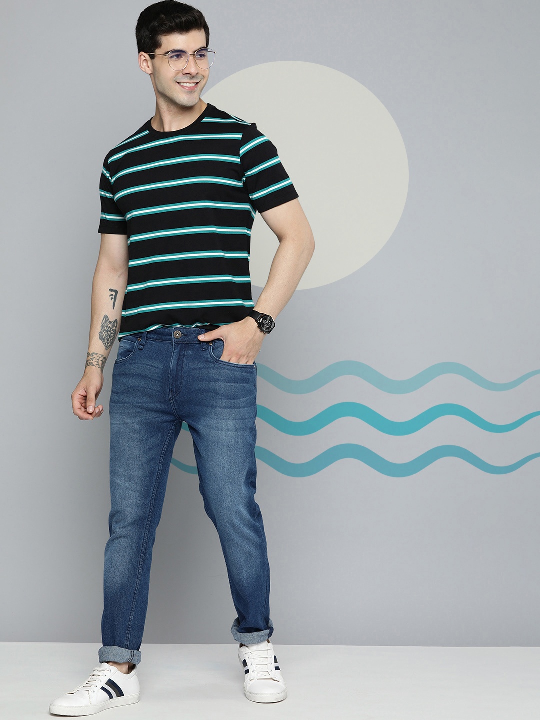 

Mast & Harbour Men Round Neck Short Sleeves Striped T-shirt, Black