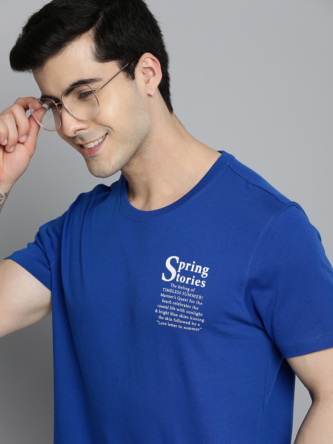 

Mast & Harbour Round Neck Typography Placement Print Pure Cotton T-shirt, Blue