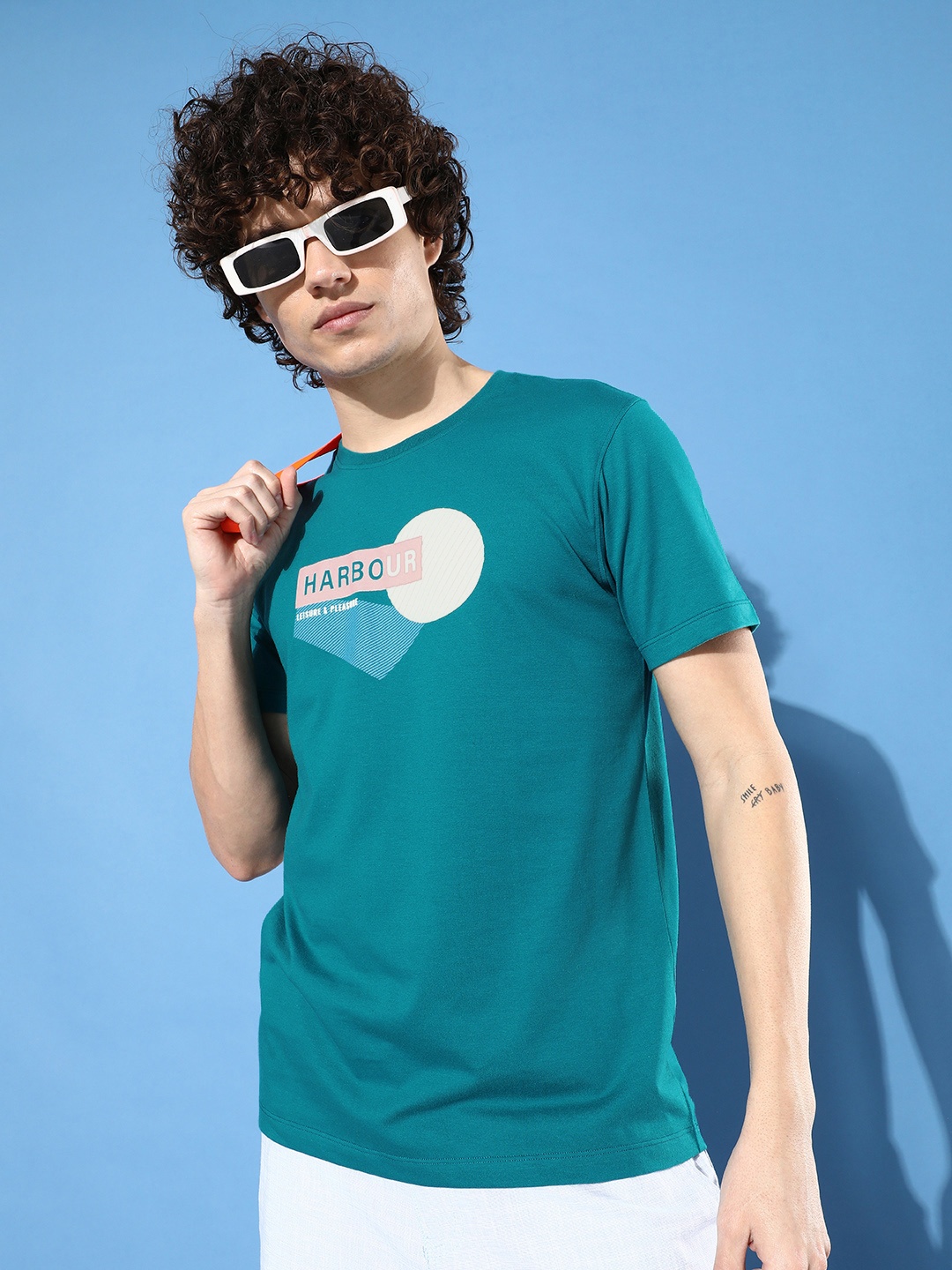 

Mast & Harbour Round Neck Typography Graphic Printed T-shirt, Teal