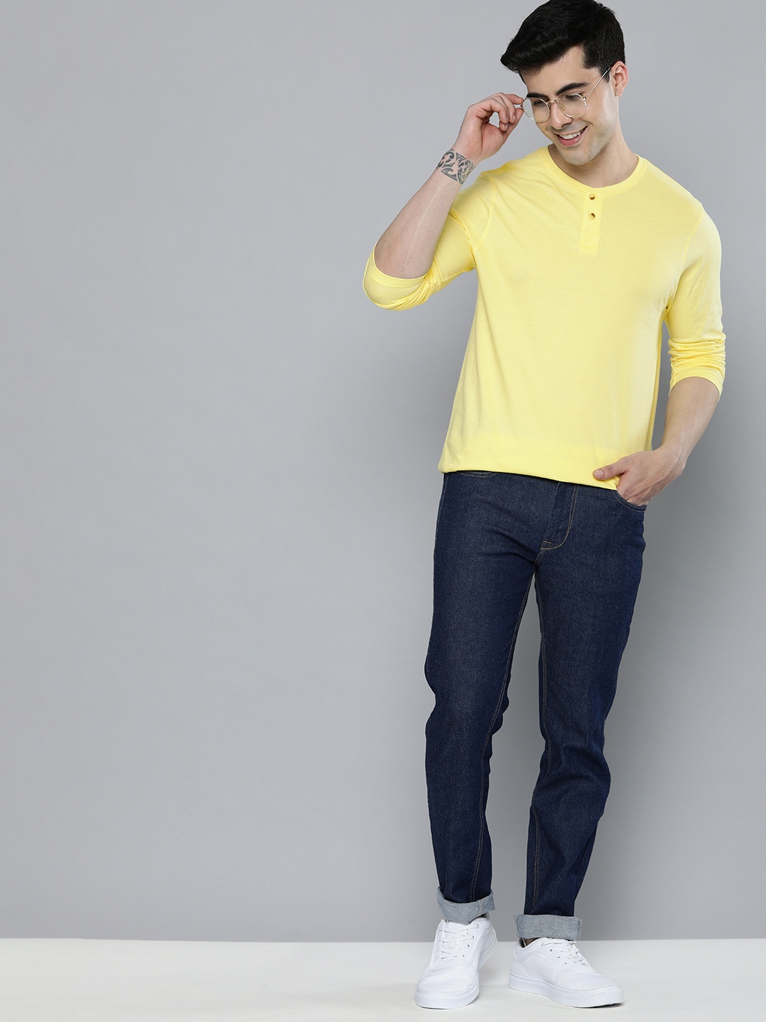 

Mast & Harbour Men Pure Cotton Henley Neck T-shirt, Yellow