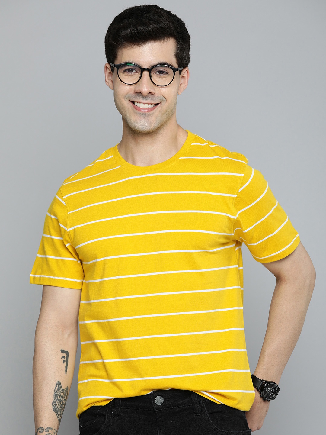 

Mast & Harbour Striped Pure Cotton T-shirt, Yellow
