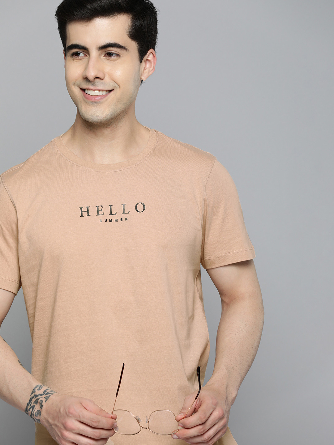 

Mast & Harbour Round Neck Typography Printed Pure Cotton T-shirt, Beige