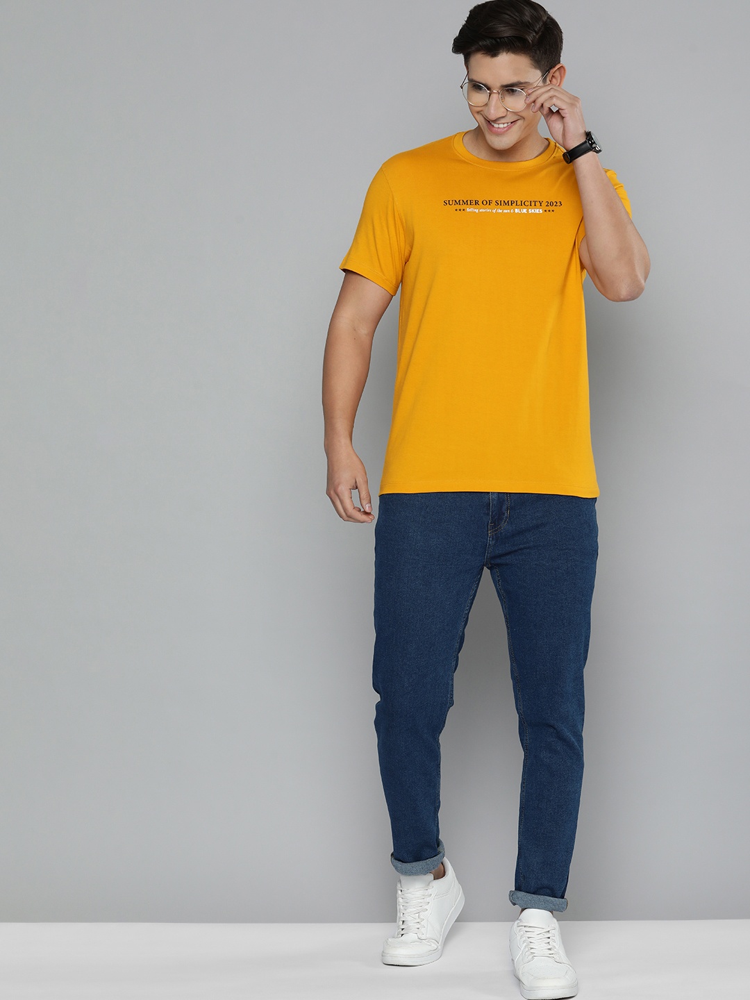 

Mast & Harbour Men Pure Cotton Typography Printed Applique T-shirt, Mustard