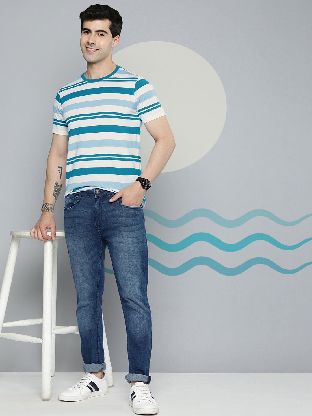 

Mast & Harbour Men Round Neck Short Sleeves Striped T-shirt, White