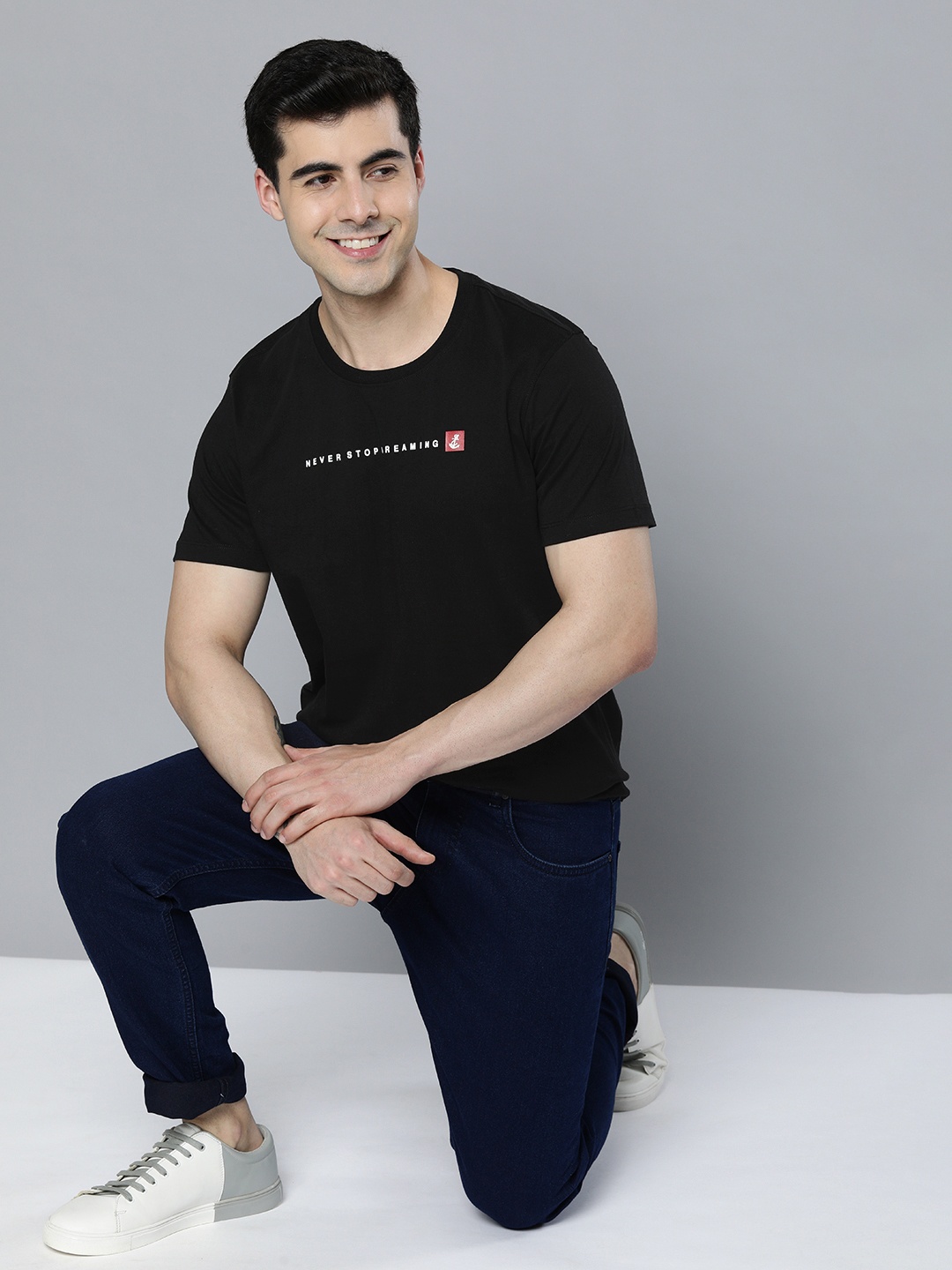 

Mast & Harbour Men Pure Cotton Typography Printed Applique T-shirt, Black
