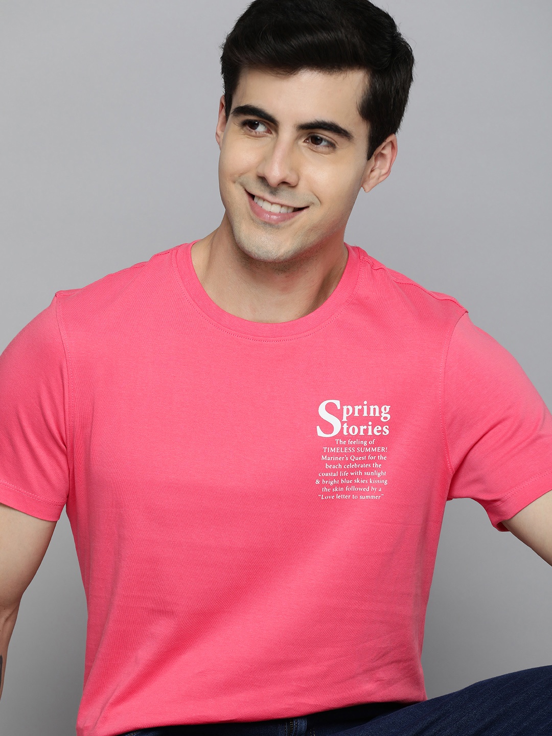 

Mast & Harbour Round Neck Typography Placement Print Pure Cotton T-shirt, Coral