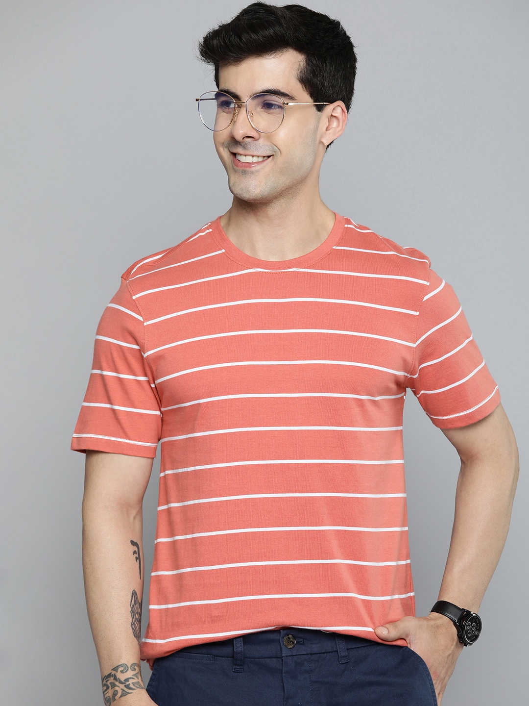 

Mast & Harbour Men Striped Pure Cotton T-shirt, Rose