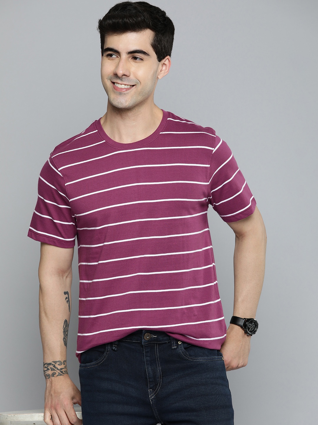 

Mast & Harbour Striped Round Neck Knitted Pure Cotton T-shirt, Purple