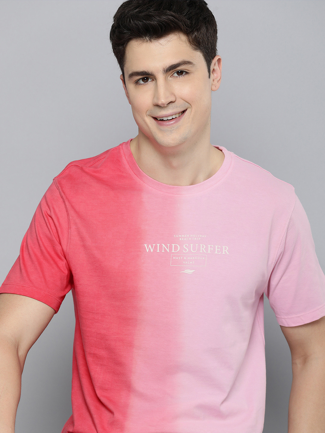 

Mast & Harbour Men Pure Cotton Ombre Typography Printed T-shirt, Pink