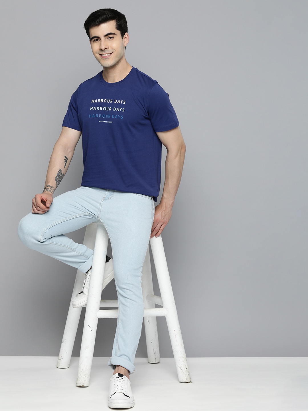 

Mast & Harbour Round Neck Typography Printed Pure Cotton T-shirt, Navy blue