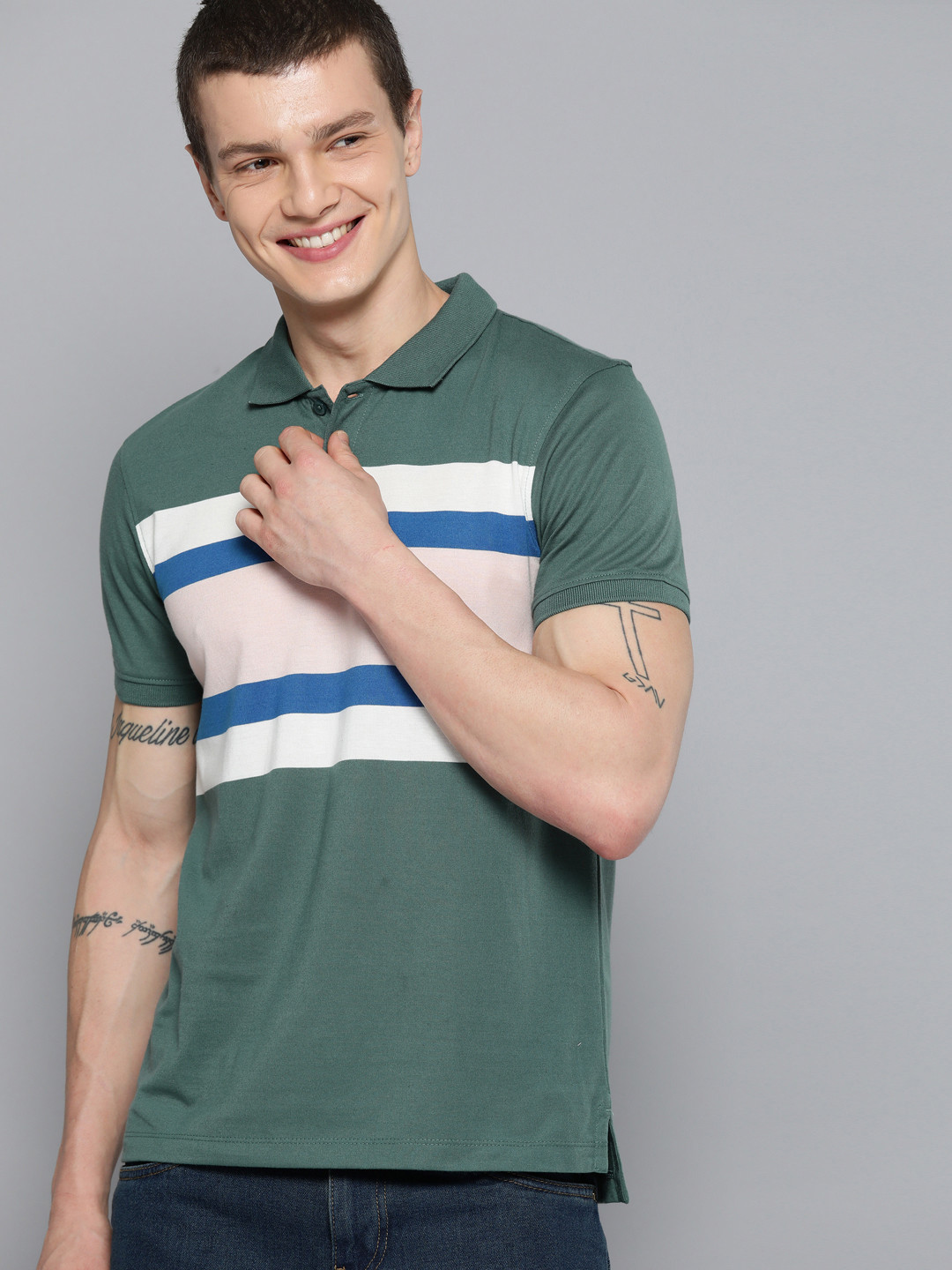 

Mast & Harbour Men Striped Polo Collar T-shirt, Green