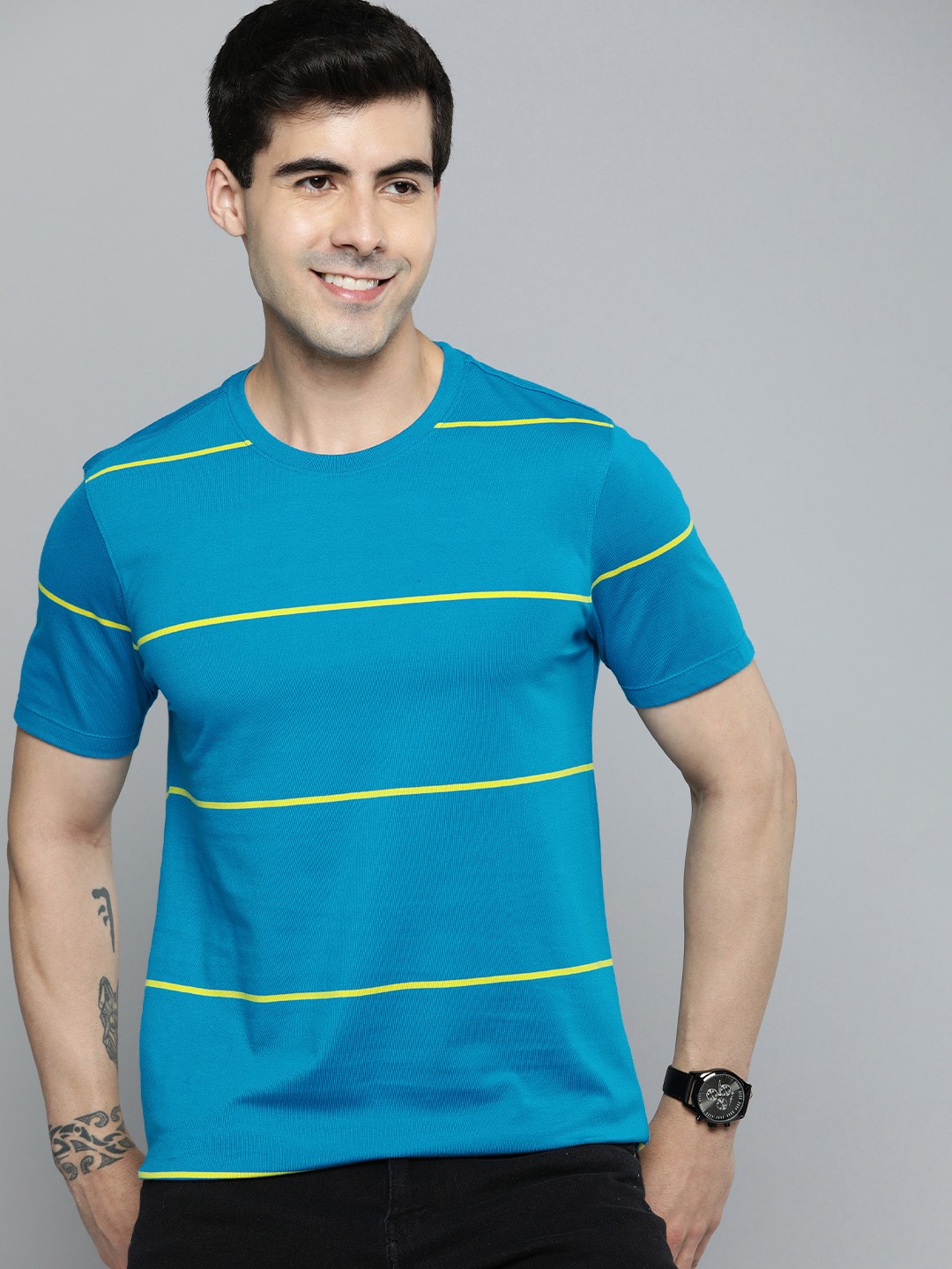 

Mast & Harbour Men Round Neck Short Sleeves Striped T-shirt, Blue