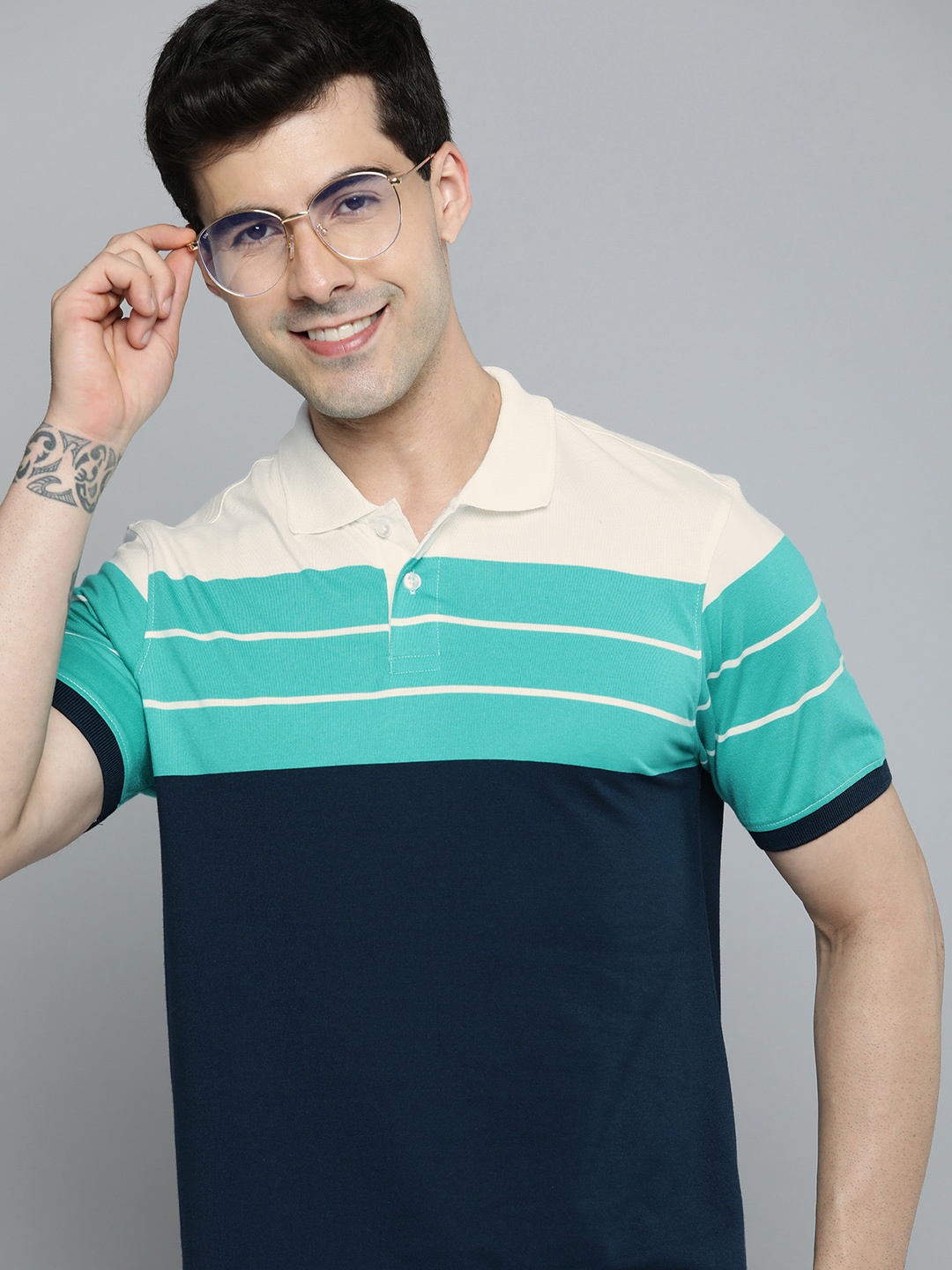 

Mast & Harbour Colourblocked Polo Collar Knitted T-shirt With Striped Detail, Navy blue