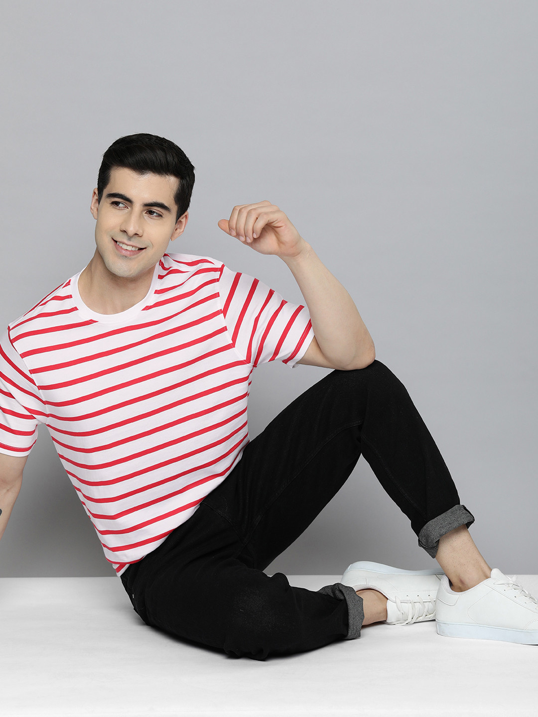 

Mast & Harbour Round Neck Striped Pure Cotton T-shirt, White