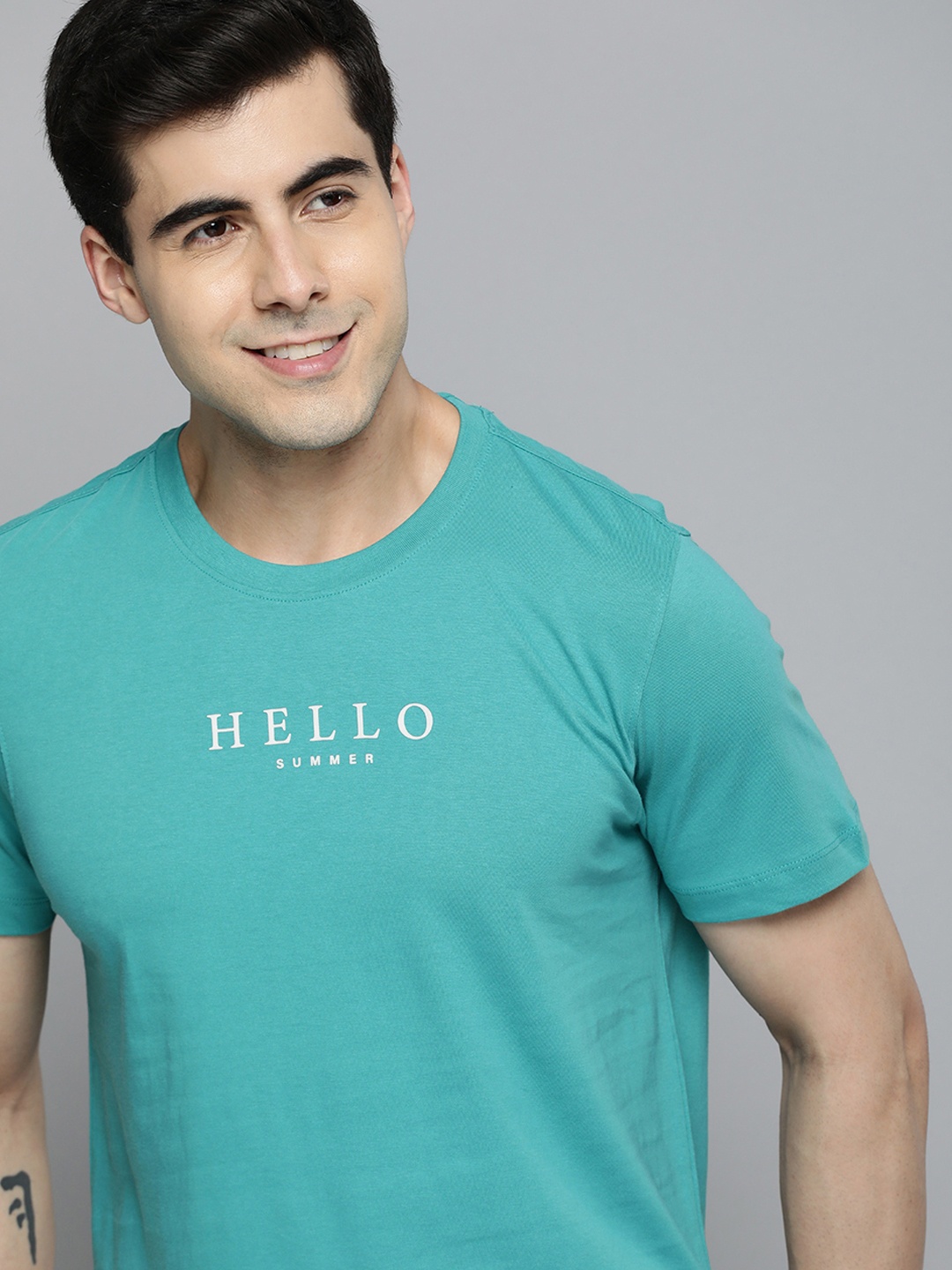 

Mast & Harbour Round Neck Typography Printed Pure Cotton T-shirt, Turquoise blue