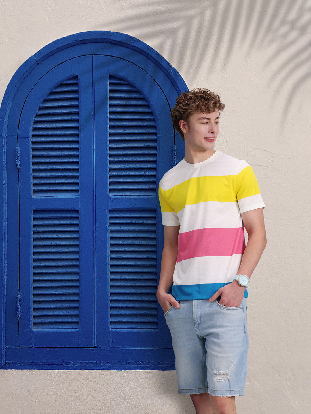 

Mast & Harbour Striped Round-Neck Casual T-shirt, White