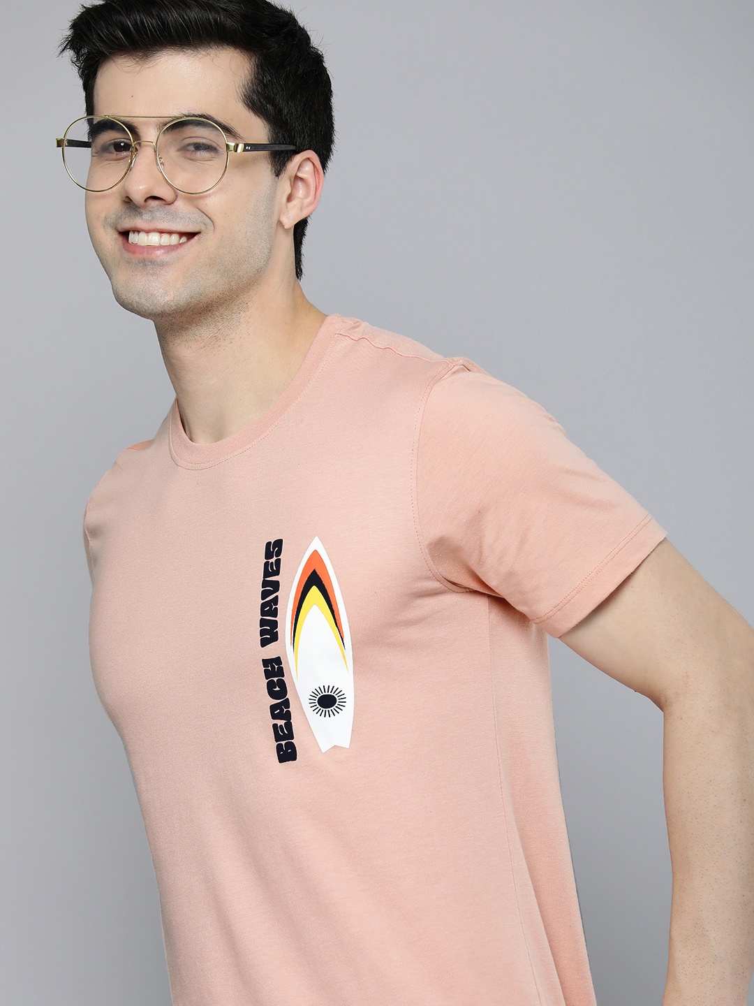 

Mast & Harbour Men Nautical Printed Round Neck T-shirt, Peach
