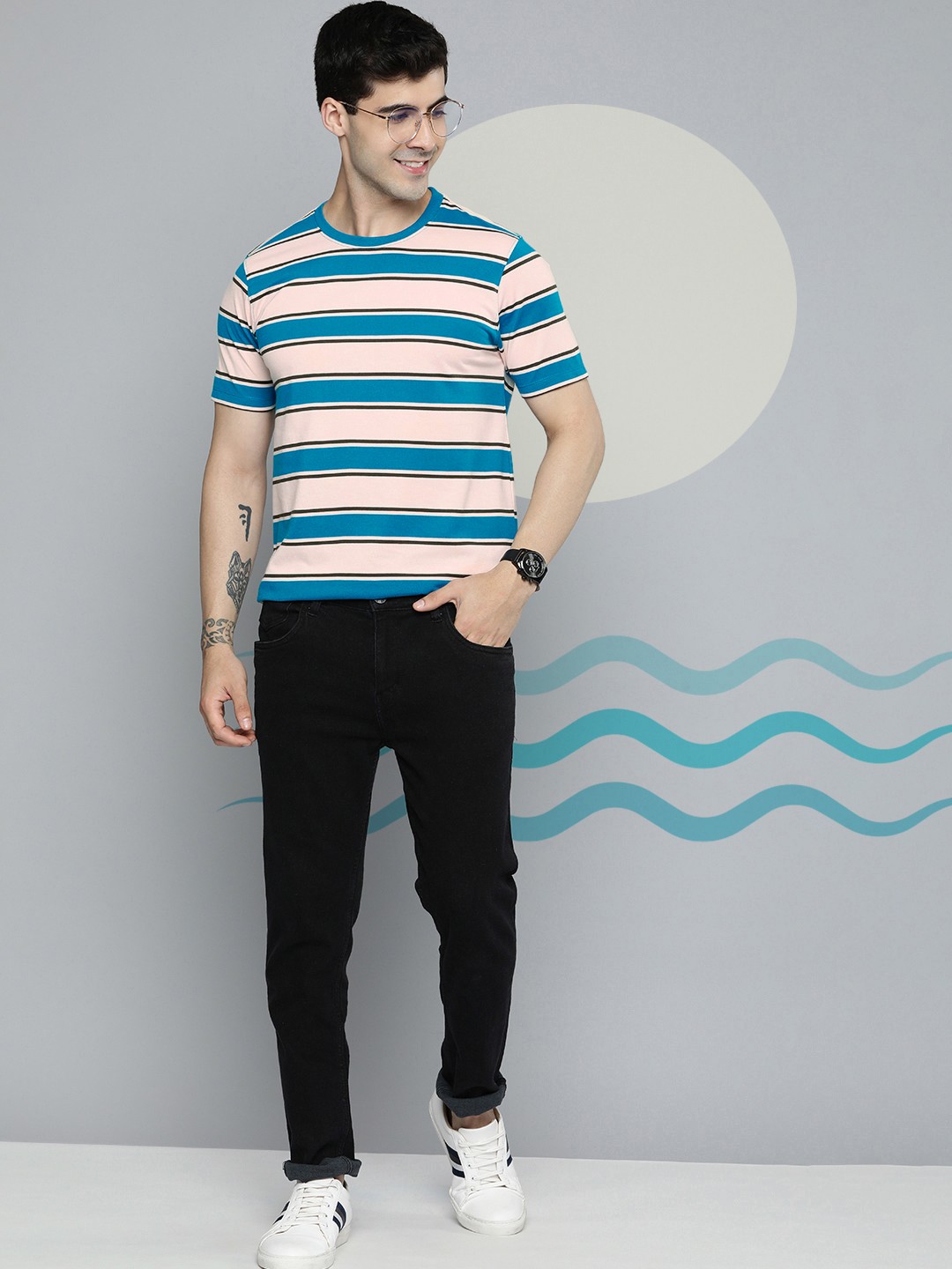 

Mast & Harbour Men Round Neck Short Sleeves Striped T-shirt, Blue