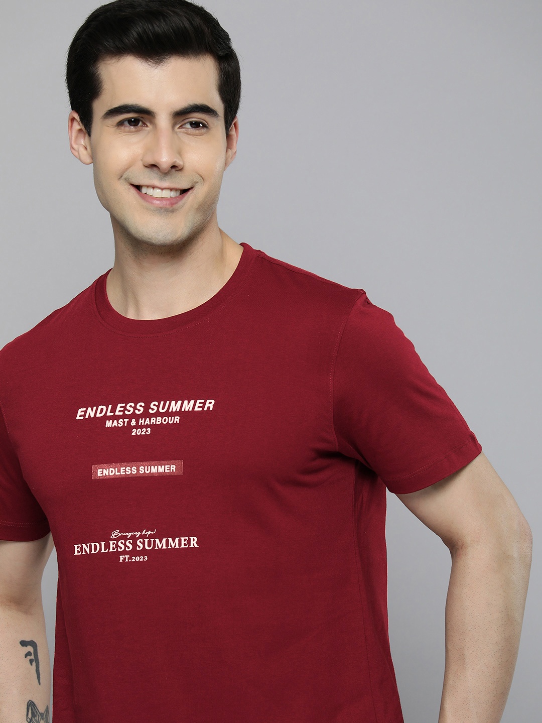 

Mast & Harbour Typography Printed Pure Cotton T-shirt, Maroon