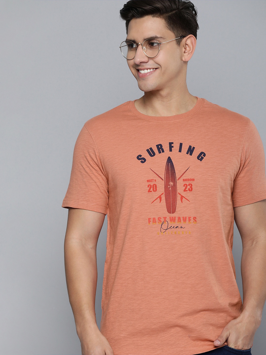 

Mast & Harbour Men Nautical Printed Round Neck T-shirt, Coral