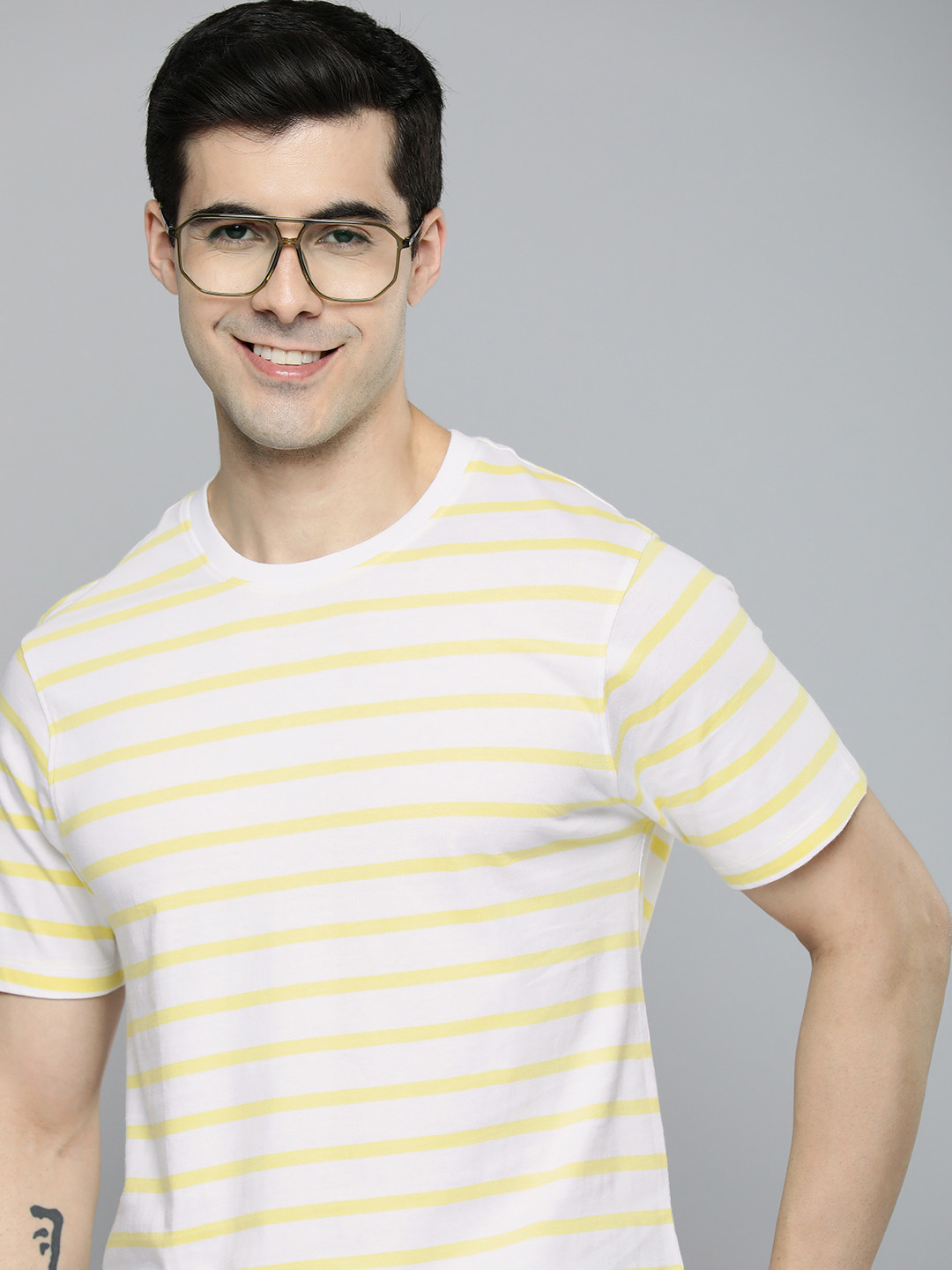 

Mast & Harbour Striped Pure Cotton T-shirt, Yellow