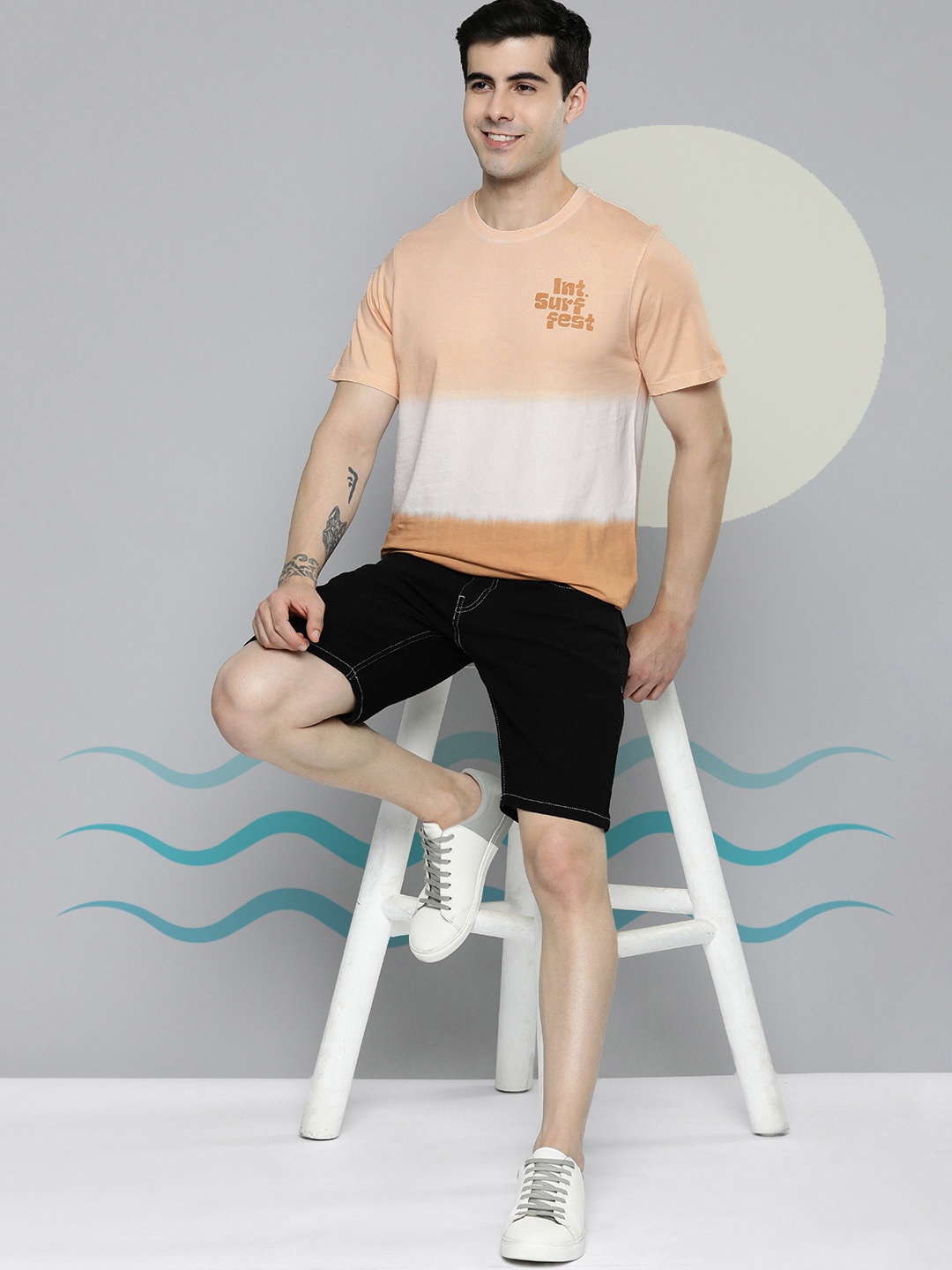 

Mast & Harbour Typography Printed Tie& Dye Pure Cotton T-shirt, Peach