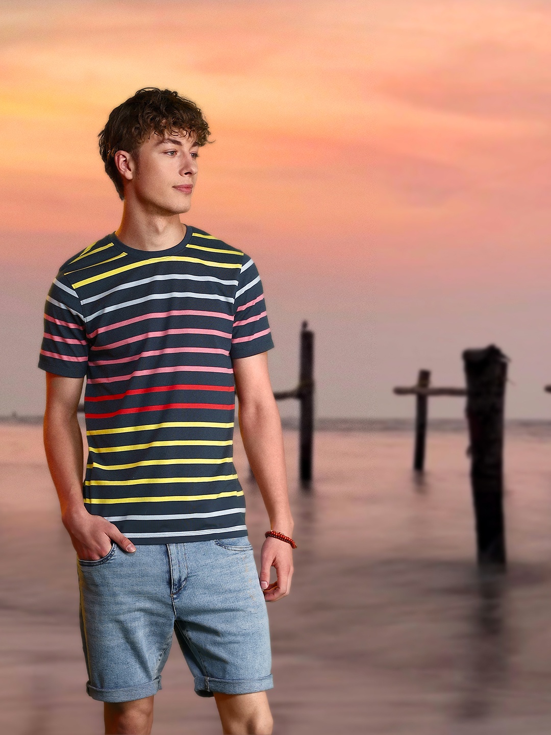 

Mast & Harbour Round Neck Striped T-shirt, Navy blue