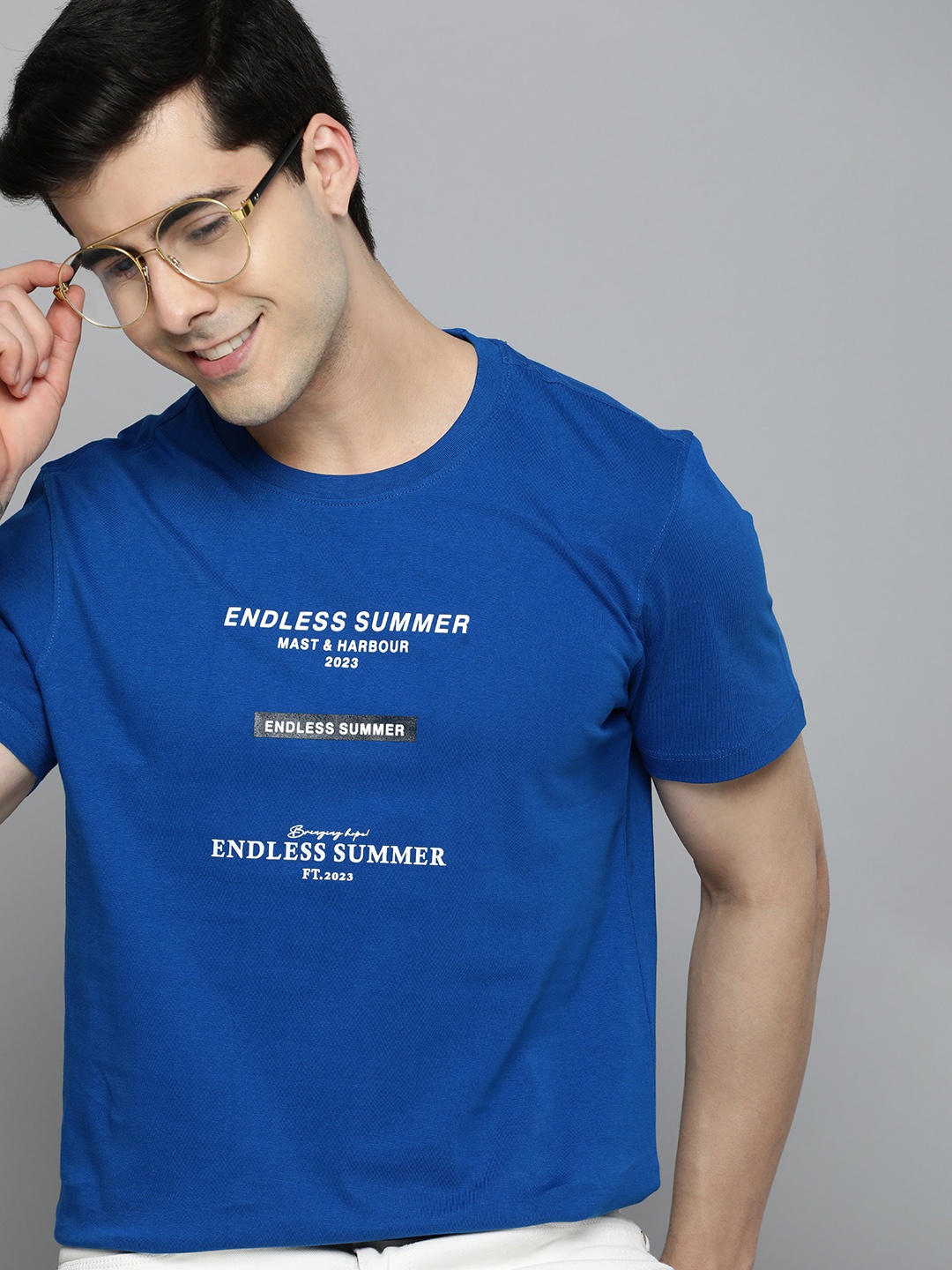 

Mast & Harbour Round Neck Typography Printed Pure Cotton T-shirt, Blue