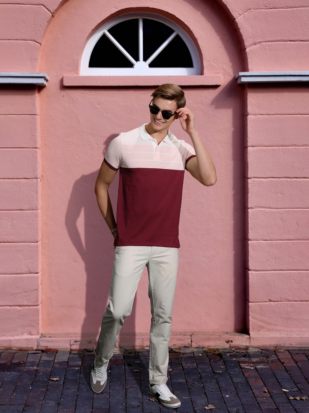 

Mast & Harbour Striped Polo Collar T-shirt, Burgundy