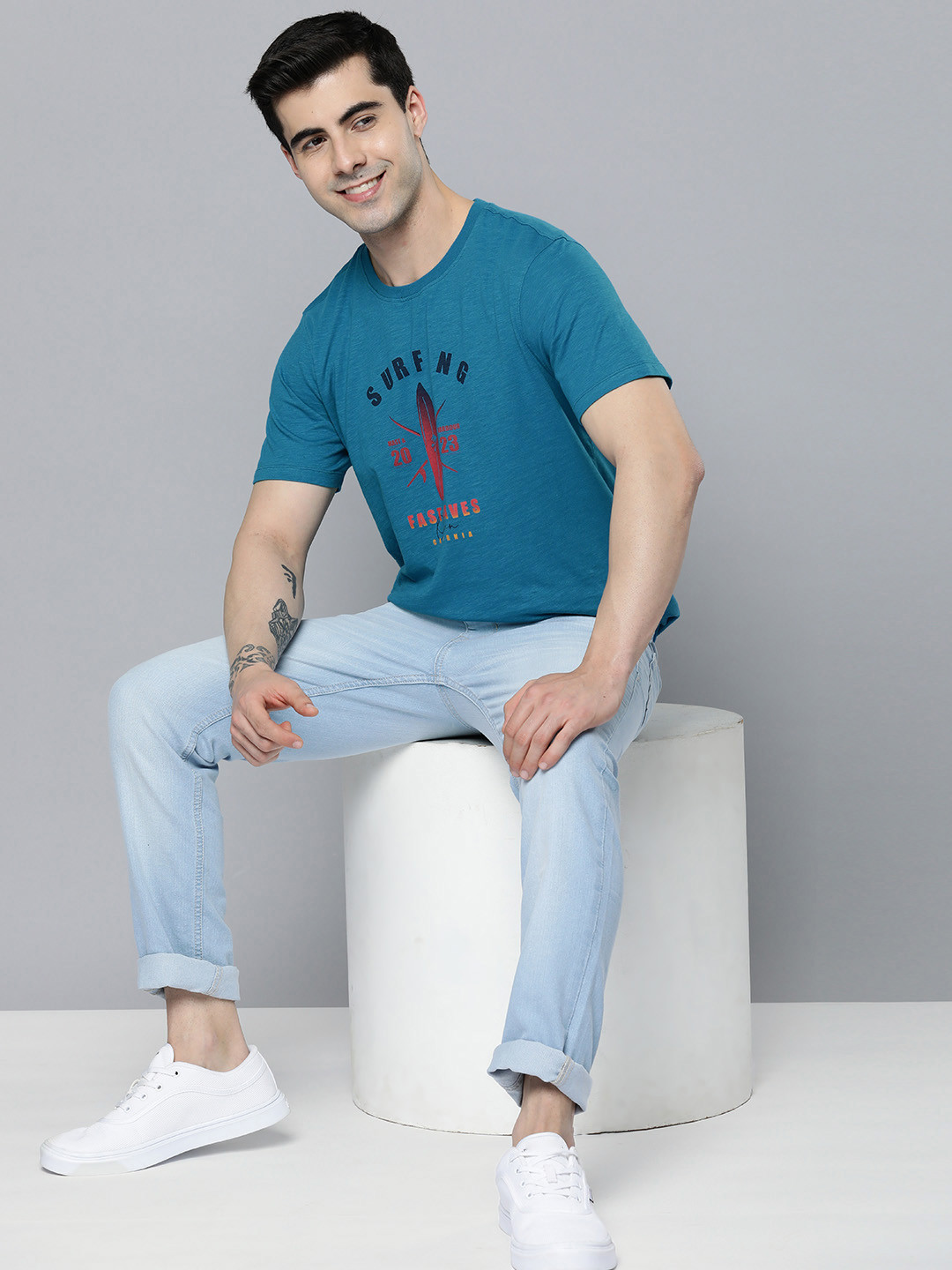 

Mast & Harbour Men Pure Cotton Nautical Printed Round Neck T-shirt, Blue
