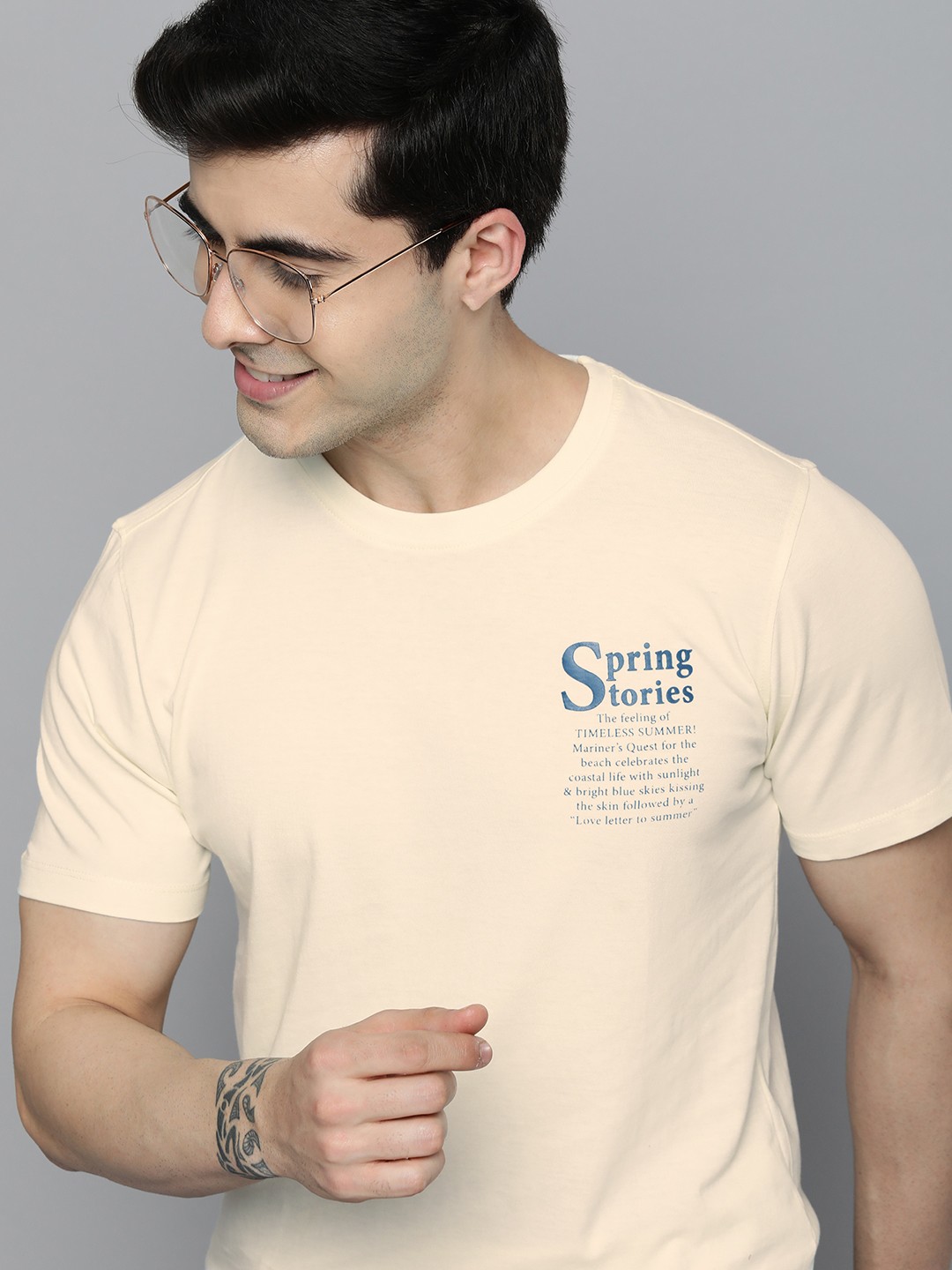 

Mast & Harbour Round Neck Typography Placement Print Pure Cotton T-shirt, Off white