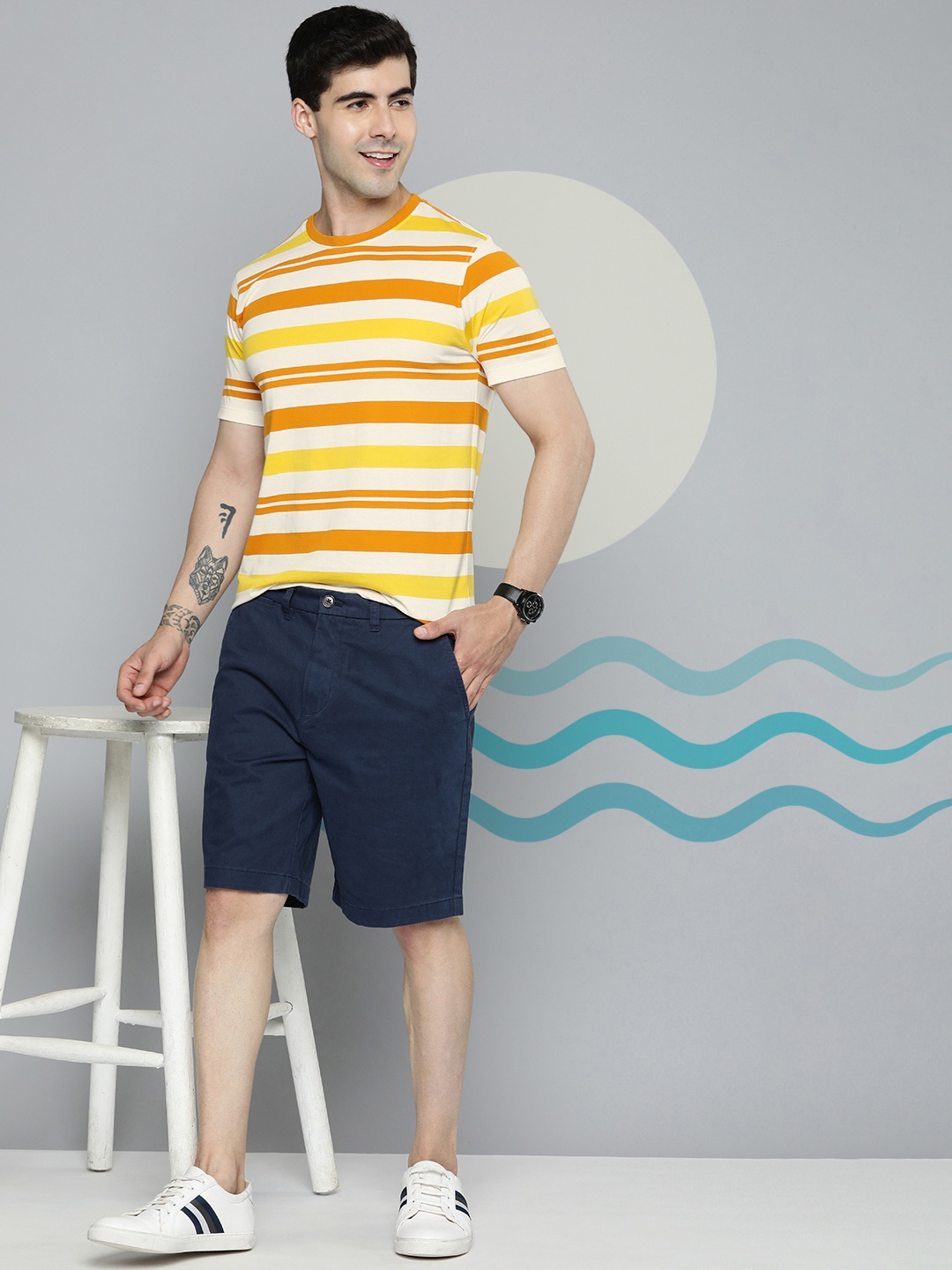 

Mast & Harbour Men Round Neck Short Sleeves Striped T-shirt, Yellow
