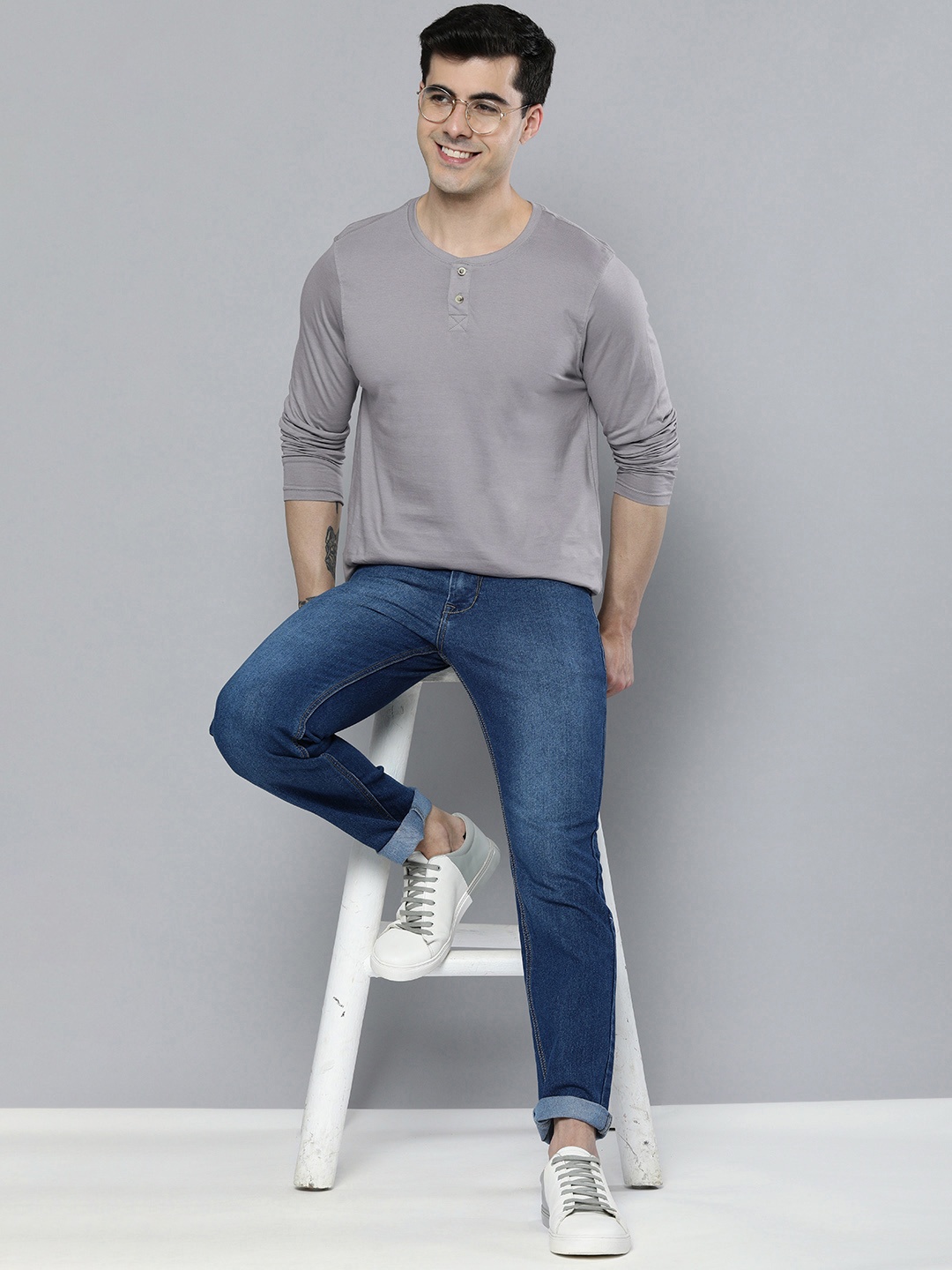 

Mast & Harbour Men Pure Cotton Henley Neck T-shirt, Grey