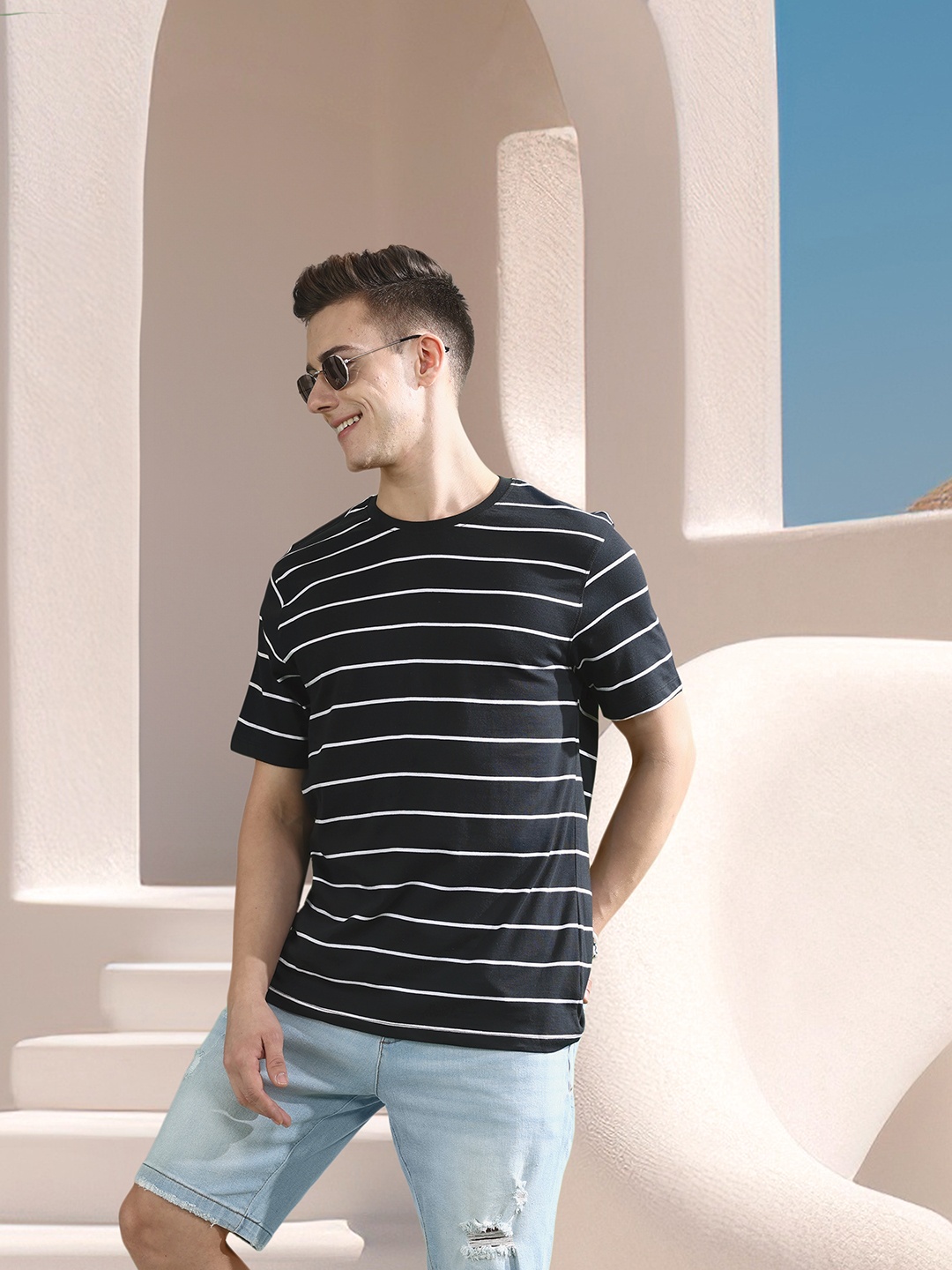 

Mast & Harbour Striped Pure Cotton T-shirt, Black