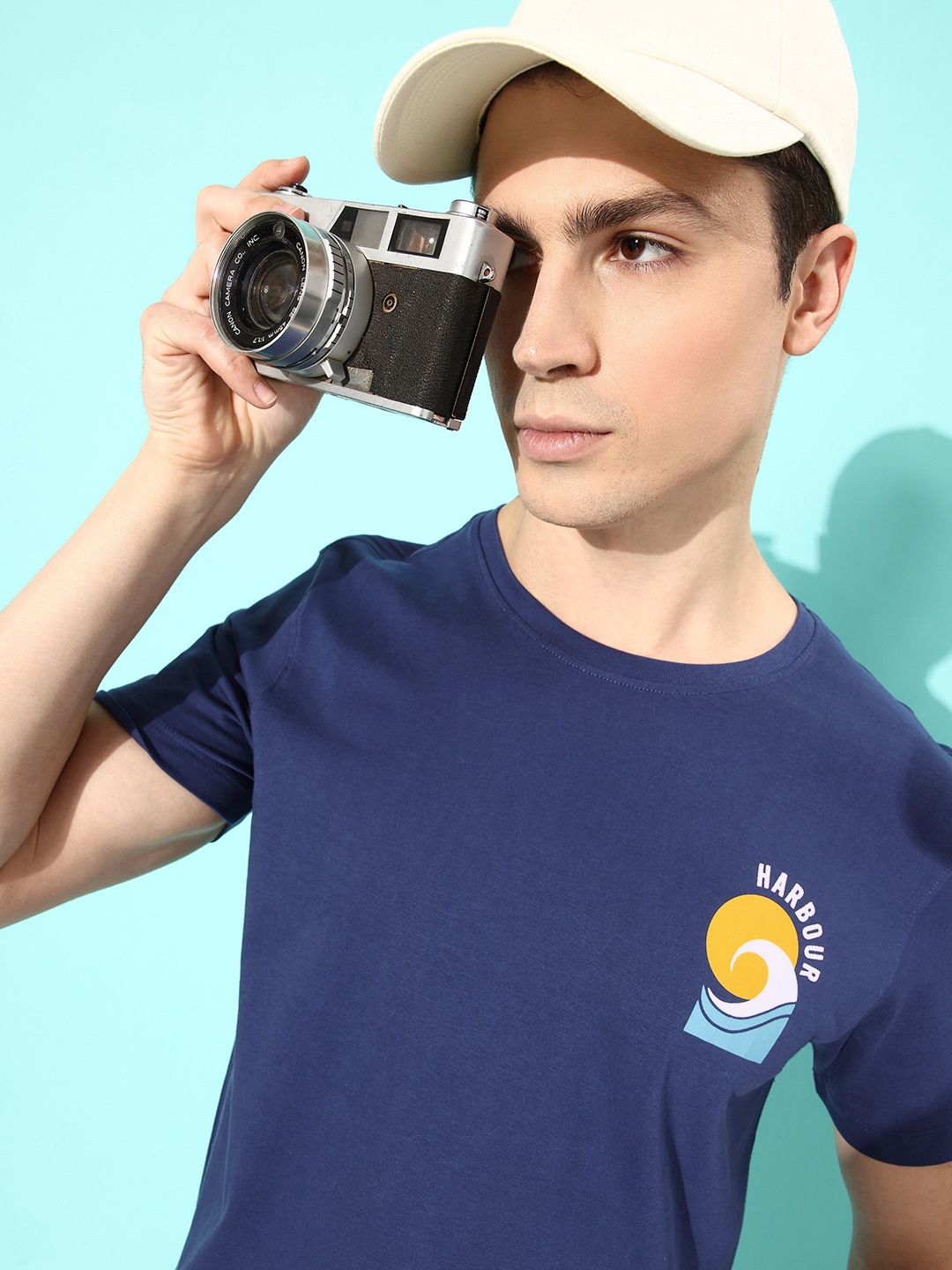 

Mast & Harbour Men Navy Blue Pure Cotton MCW Forever Vacay Snapshot Summers T-shirt