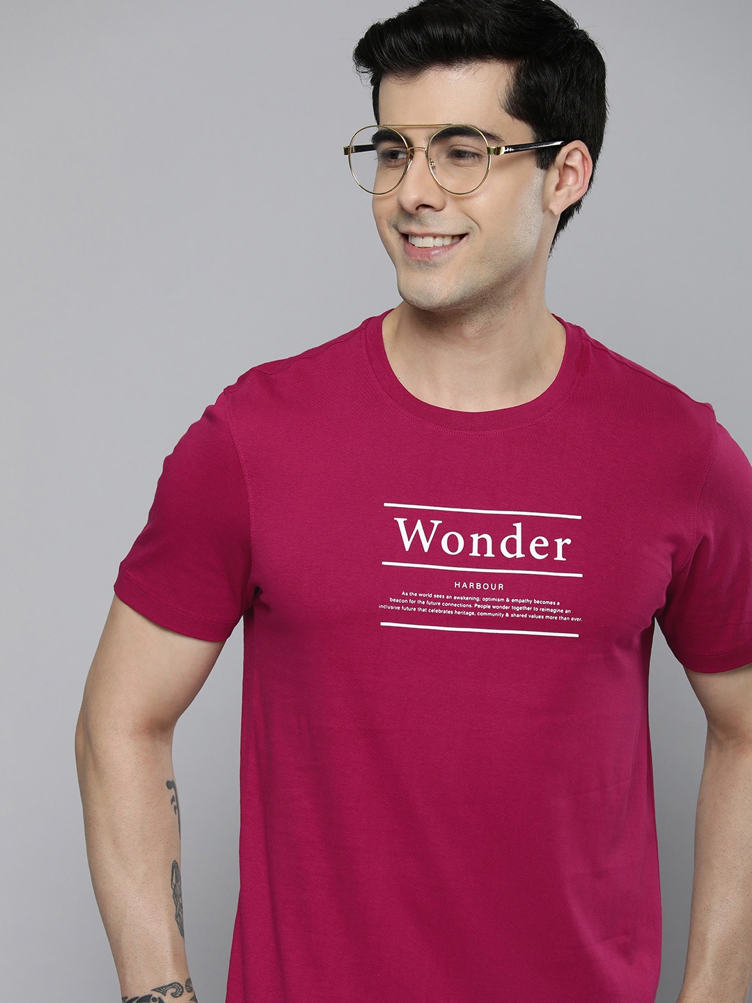 

Mast & Harbour Typography Printed Pure Cotton T-shirt, Magenta
