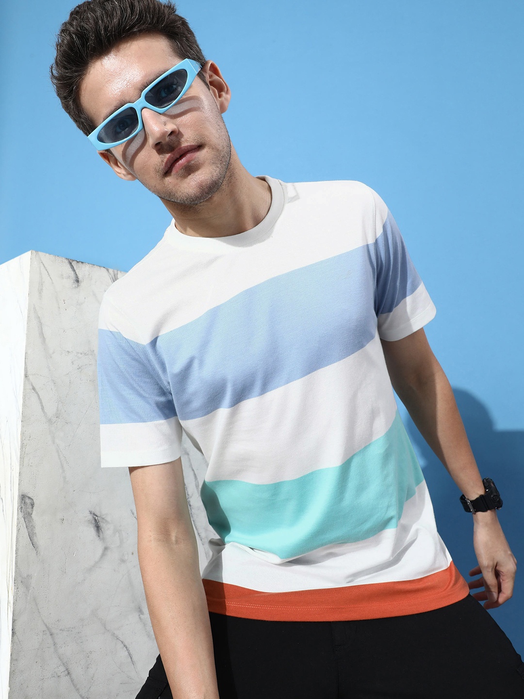 

Mast & Harbour Striped Round-Neck Casual T-shirt, White