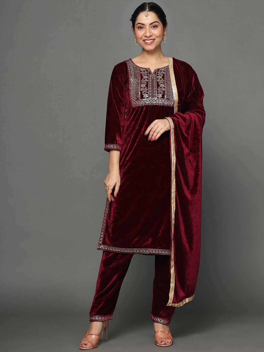 

Ziva Fashion Women Embroidered Sequinned Velvet Kurta with Trousers & With Dupatta, Brown